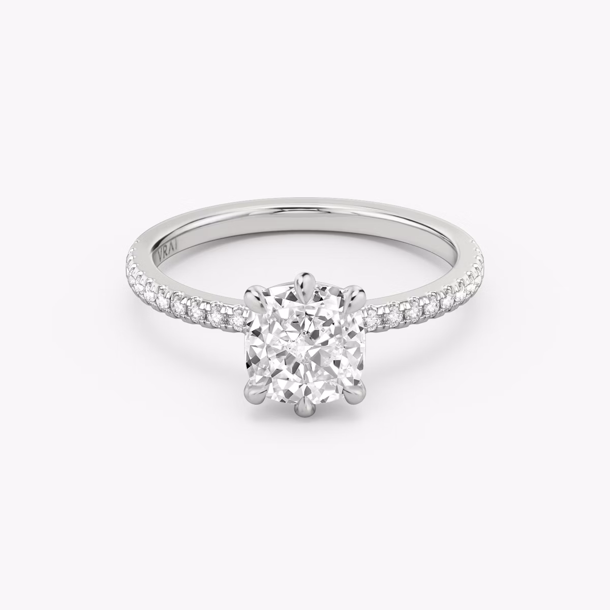 The Signature 6 Prong | Cushion | Platinum | bandAccent: Pavé | bandWidth: standard | hiddenHalo: no | diamondOrientation: vertical | caratWeight: other