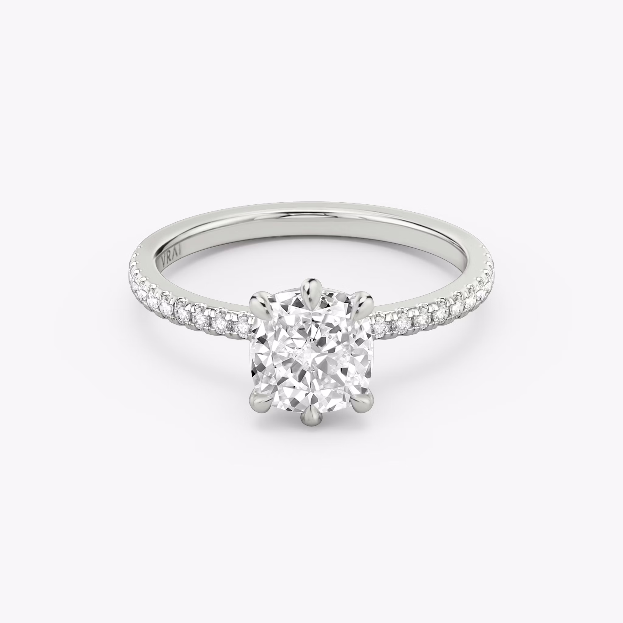 The Signature 6 Prong | Cushion | 18k | White Gold | bandAccent: Pavé | bandWidth: standard | hiddenHalo: no | diamondOrientation: vertical | caratWeight: other