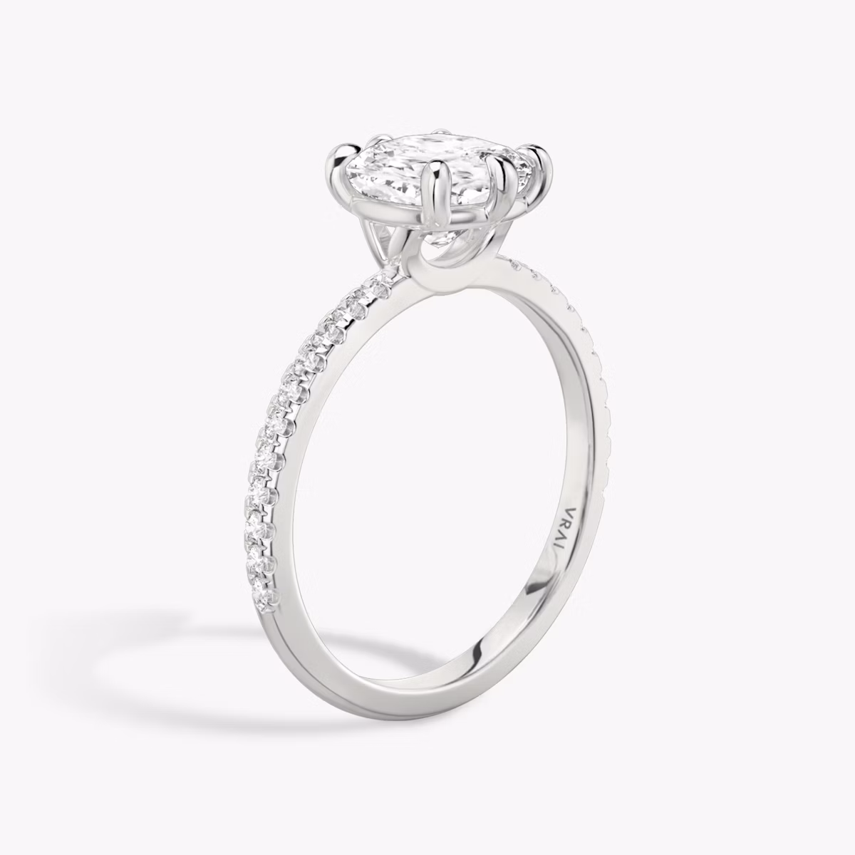 The Signature 6 Prong | Cushion | Platinum | bandAccent: Pavé | bandWidth: standard | hiddenHalo: no | diamondOrientation: vertical | caratWeight: other