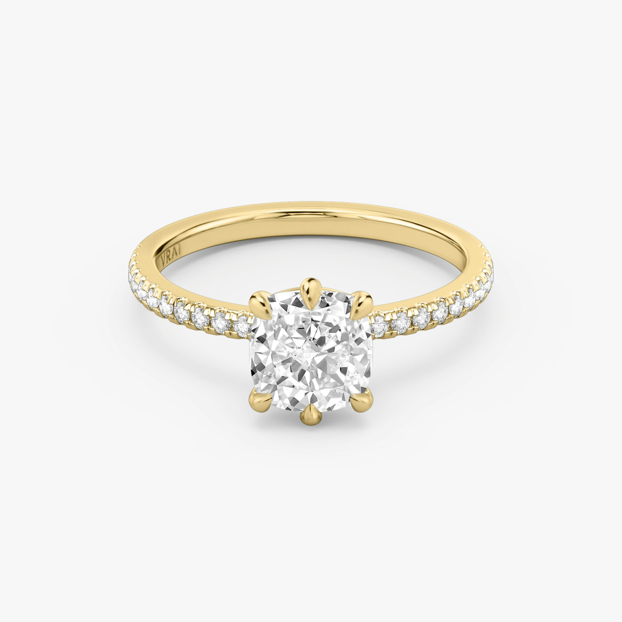 The Signature 6 Prong | Cushion | 18k | Yellow Gold | bandAccent: Pavé | bandWidth: standard | hiddenHalo: no | diamondOrientation: vertical | caratWeight: other
