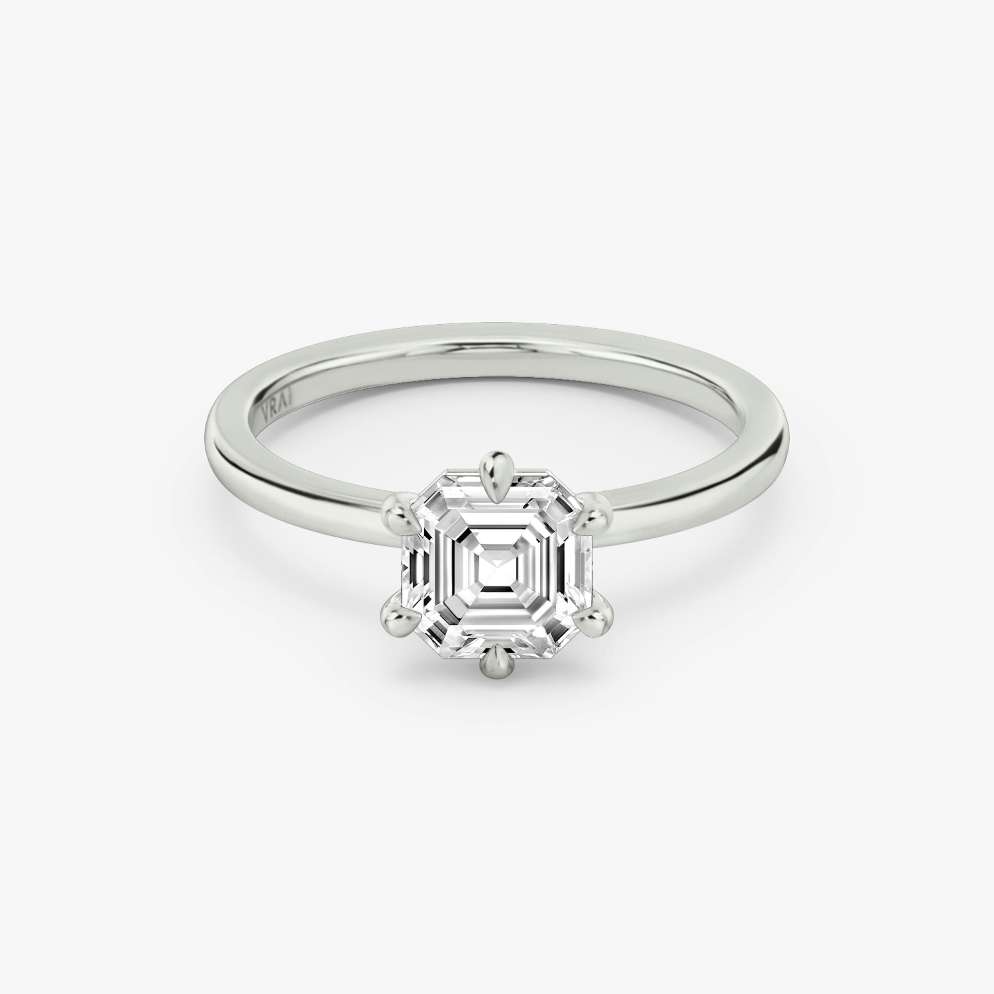 The Signature 6 Prong | Asscher | 18k | White Gold | bandAccent: Plain | bandWidth: standard | hiddenHalo: no | diamondOrientation: vertical | caratWeight: other