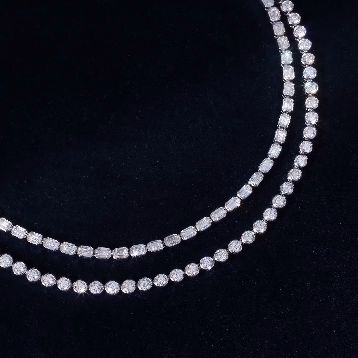 Celestial Double Strand Tennis Necklace  | Round Brilliant and Emerald | 14k | White Gold