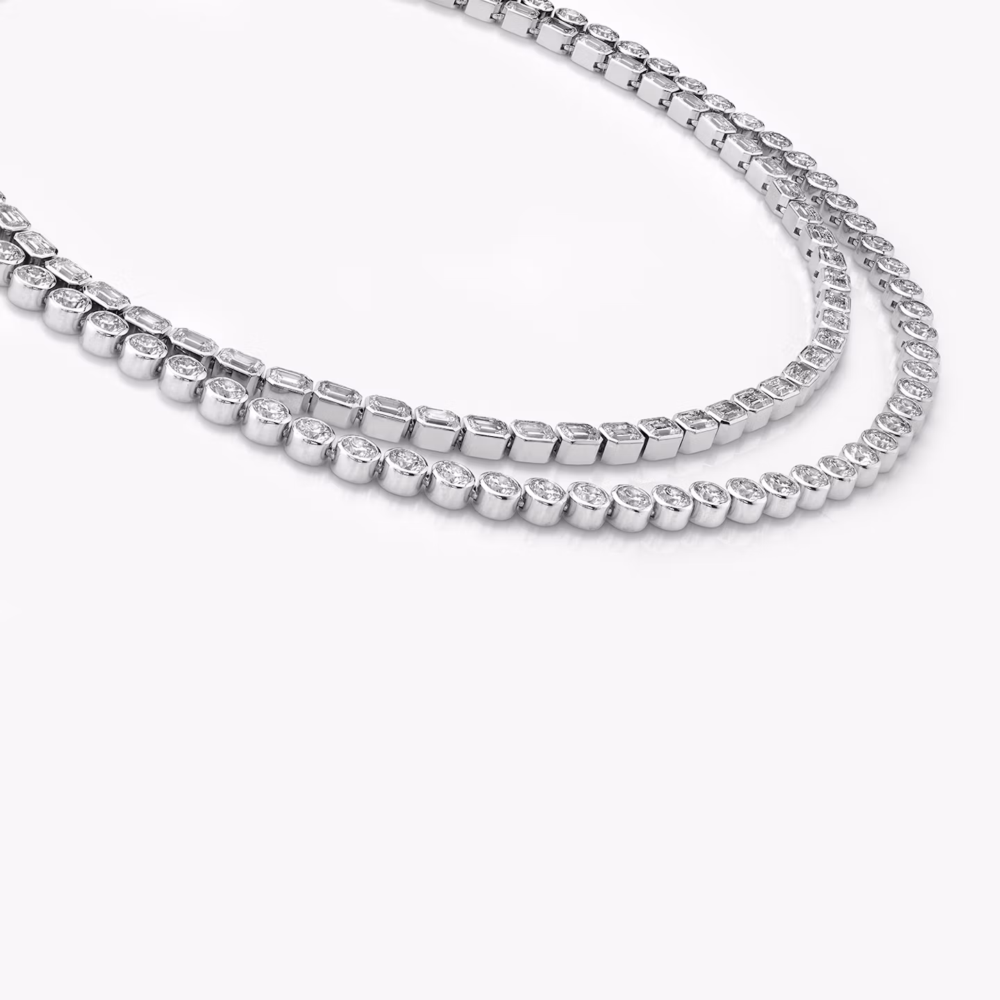Celestial Double Strand Tennis Necklace  | Round Brilliant and Emerald | 14k | White Gold