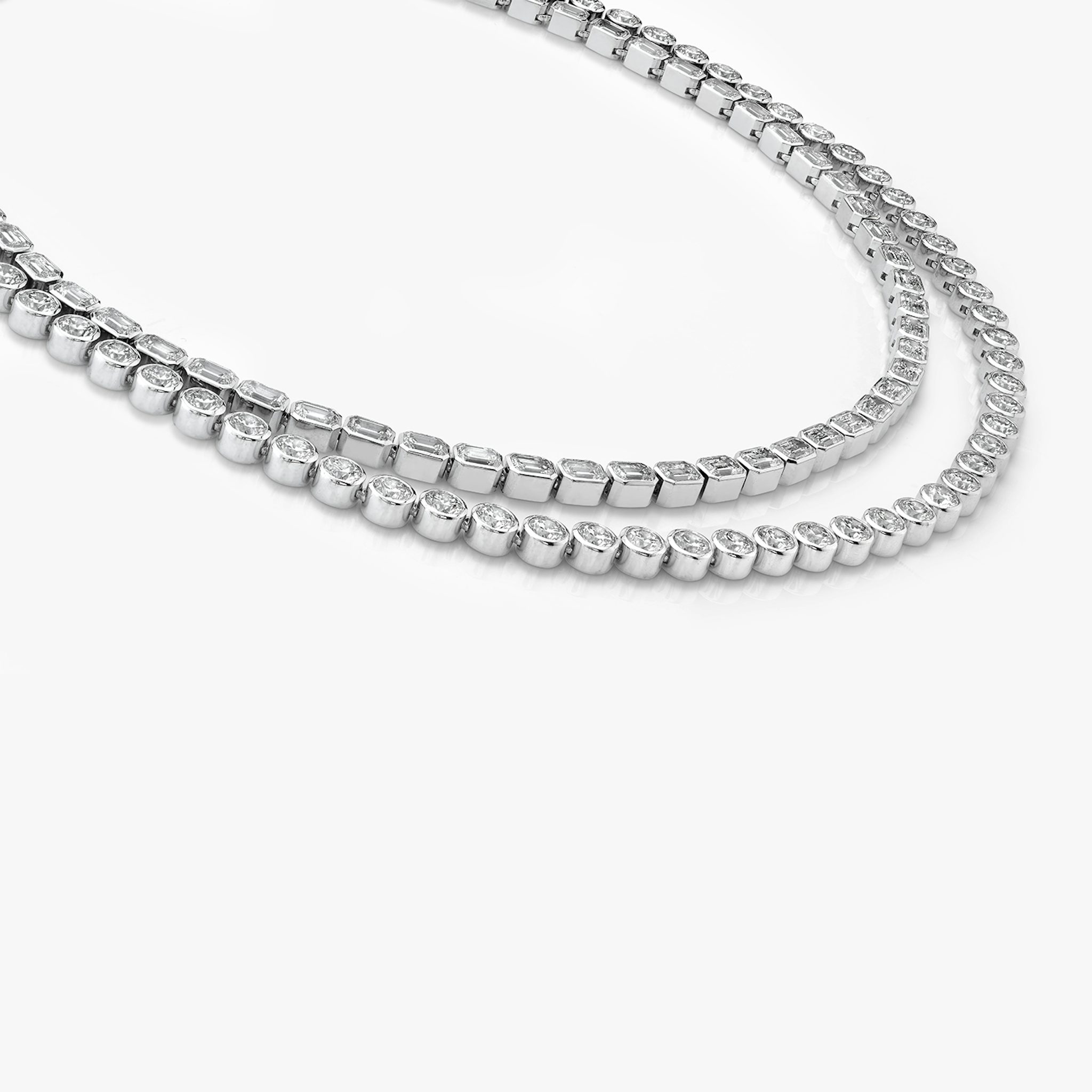 Celestial Double Strand Tennis Necklace | Round Brilliant and Emerald | 14k | White Gold