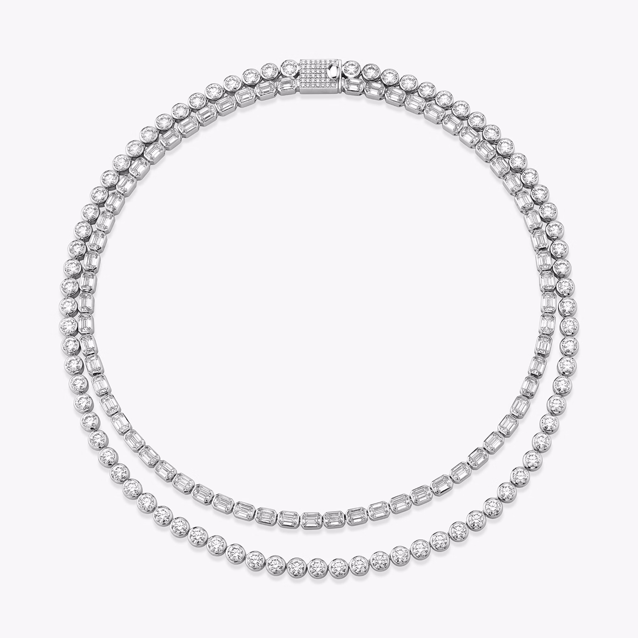 Celestial Double Strand Tennis Necklace | Round Brilliant and Emerald | 14k | White Gold