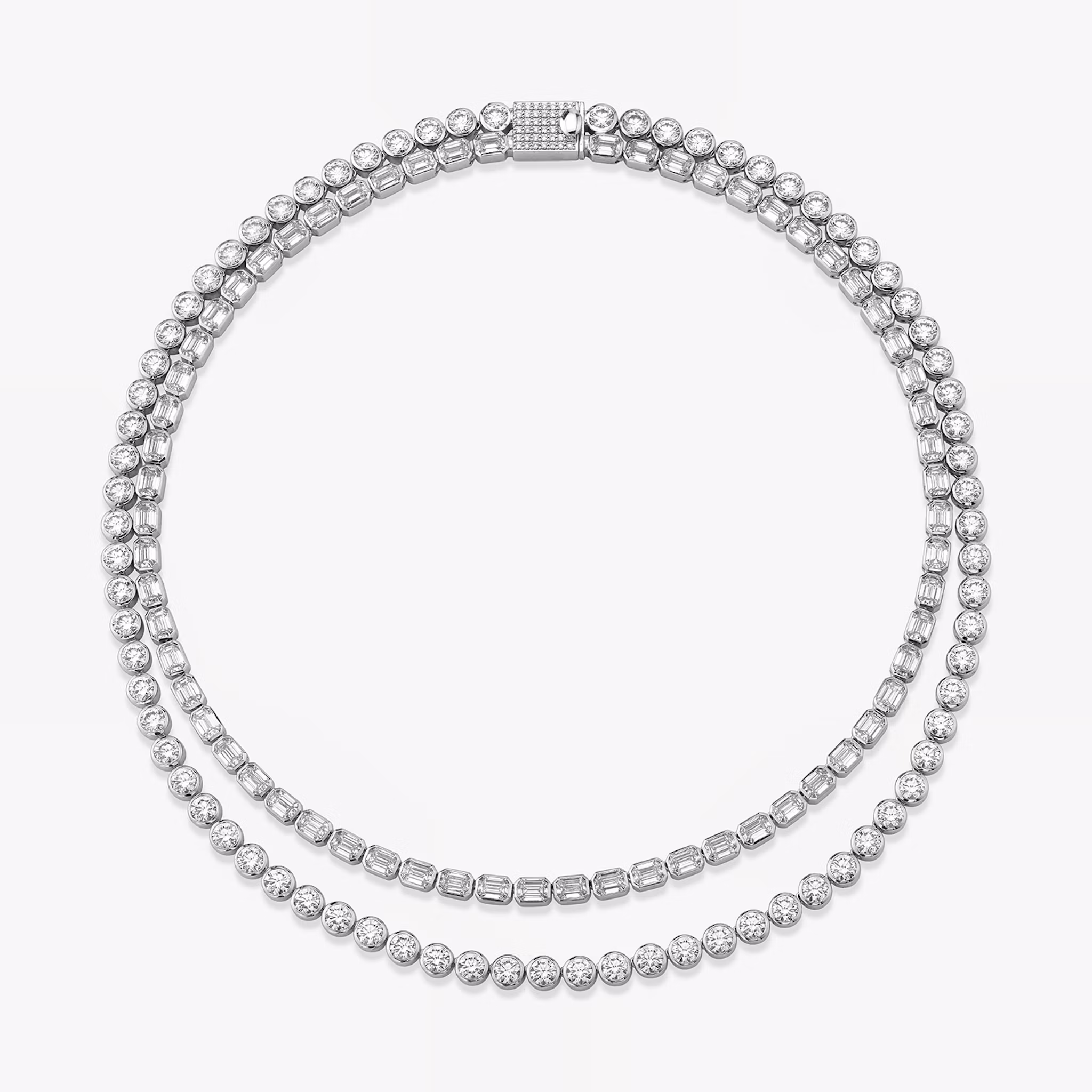 Celestial Double Strand Tennis Necklace Round Brilliant and Emerald | White Gold