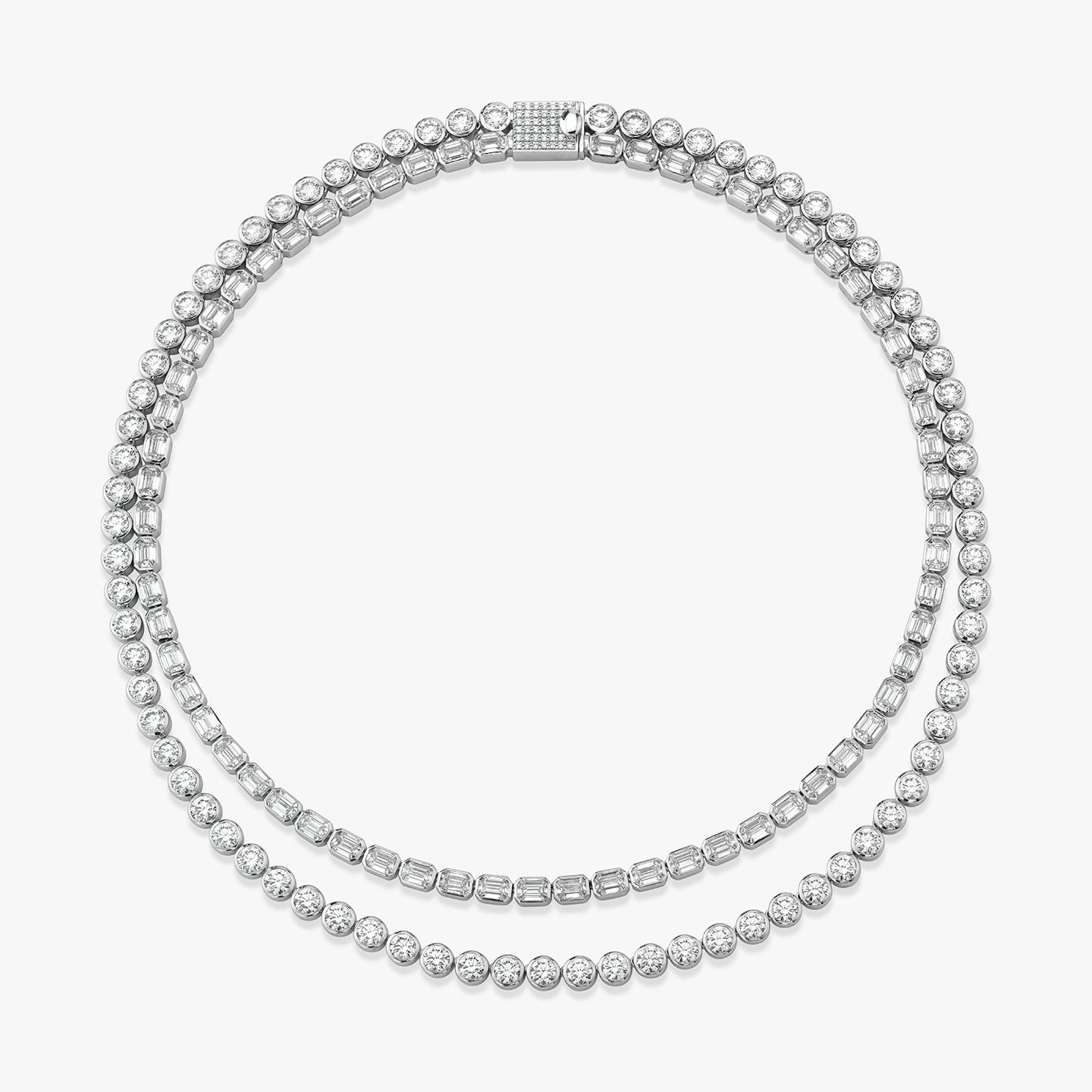 Celestial Double Strand Tennis Necklace  | Round Brilliant and Emerald | 14k | White Gold