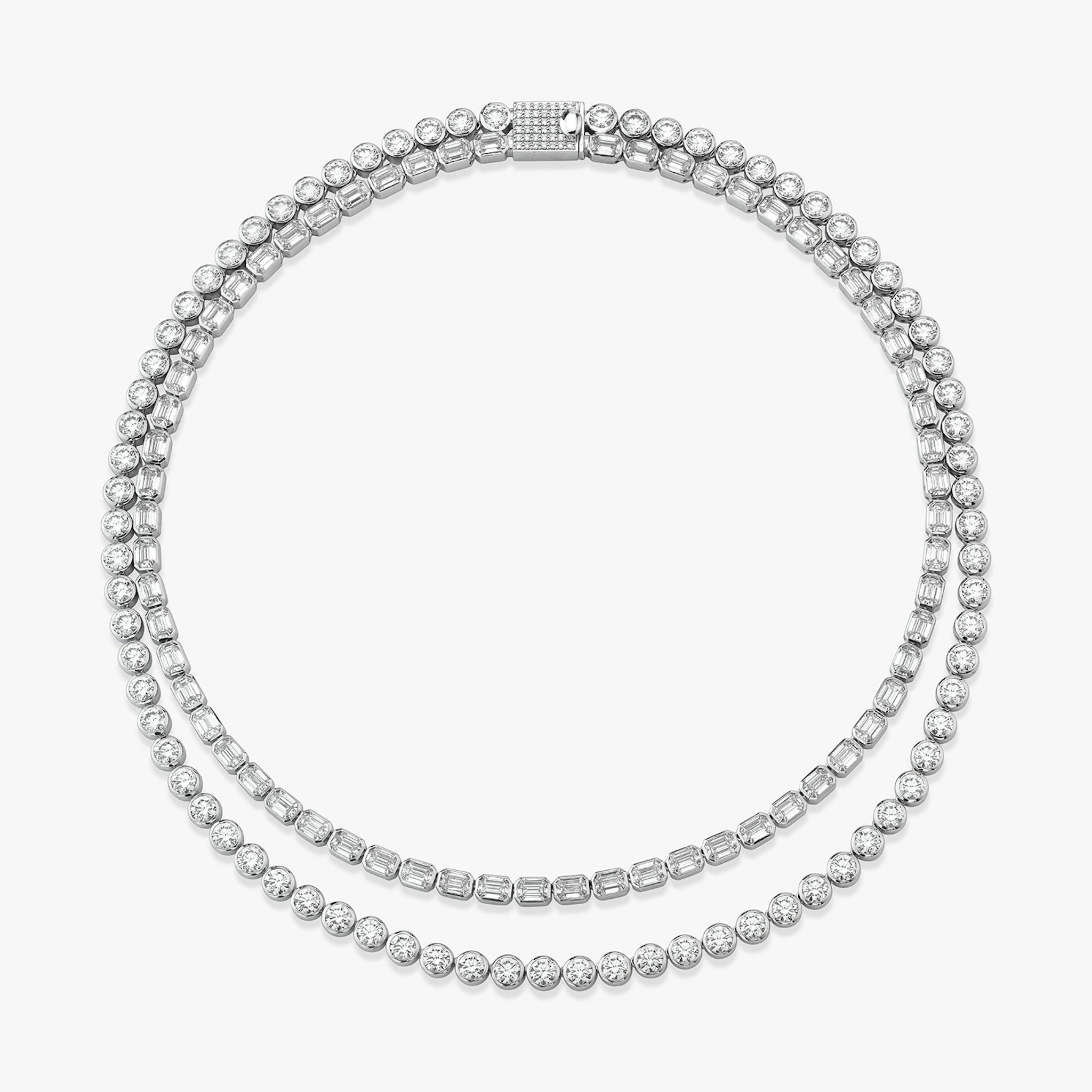 Celestial Double Strand Tennis Necklace | Round Brilliant and Emerald | 14k | White Gold