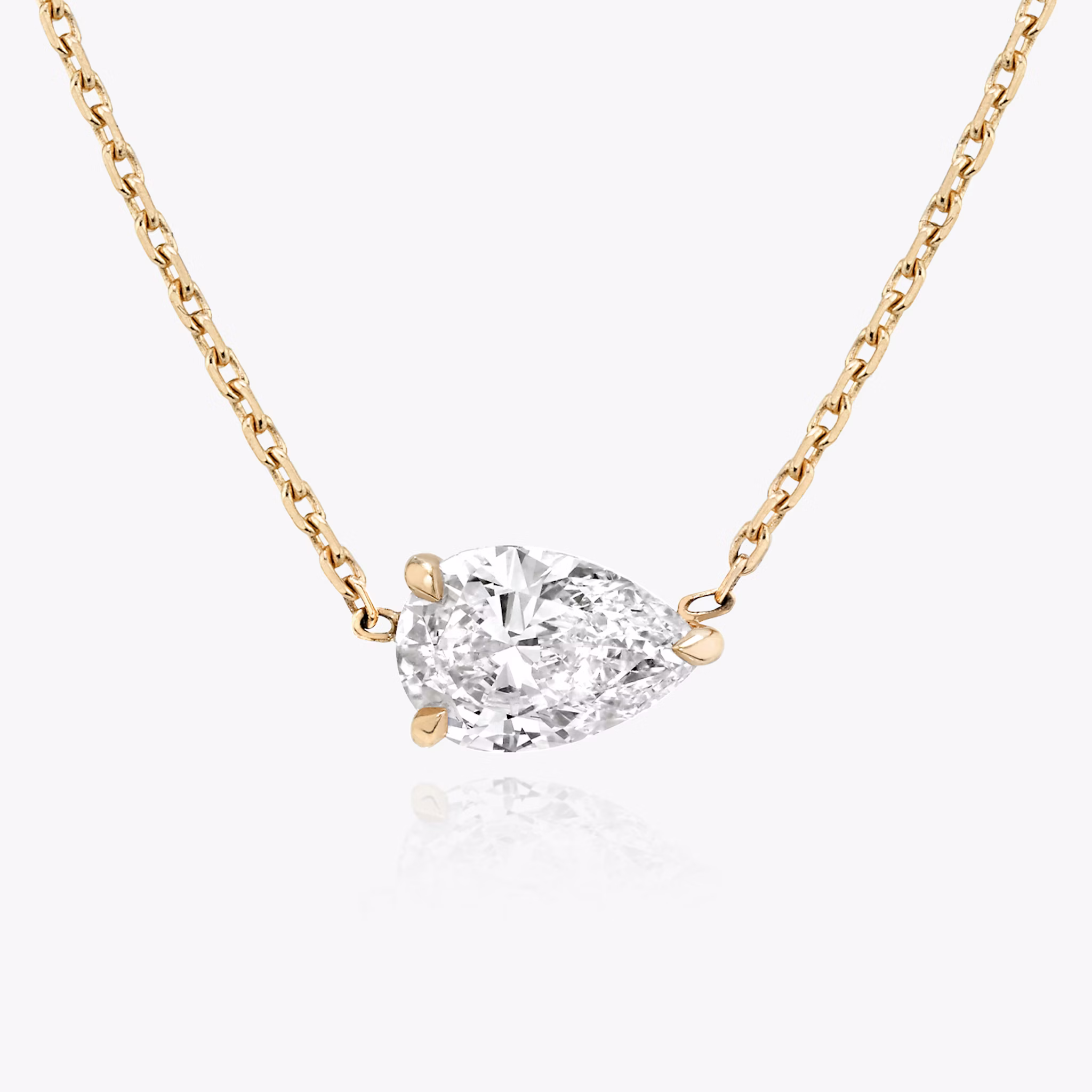 The Solitaire Pear Necklace in rose gold.