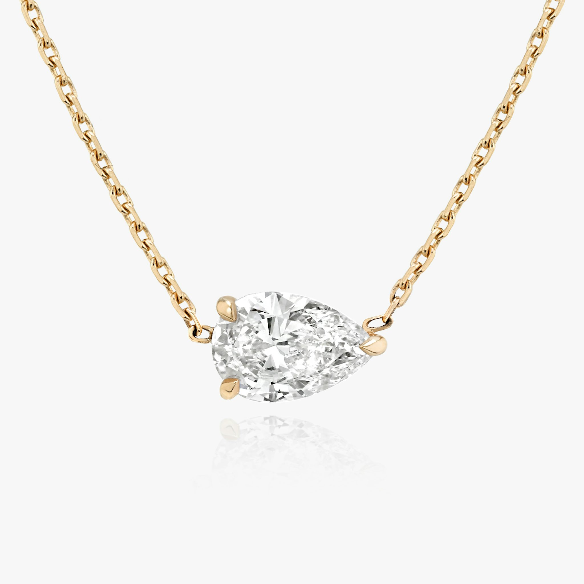 The Solitaire Pear Necklace in rose gold.
