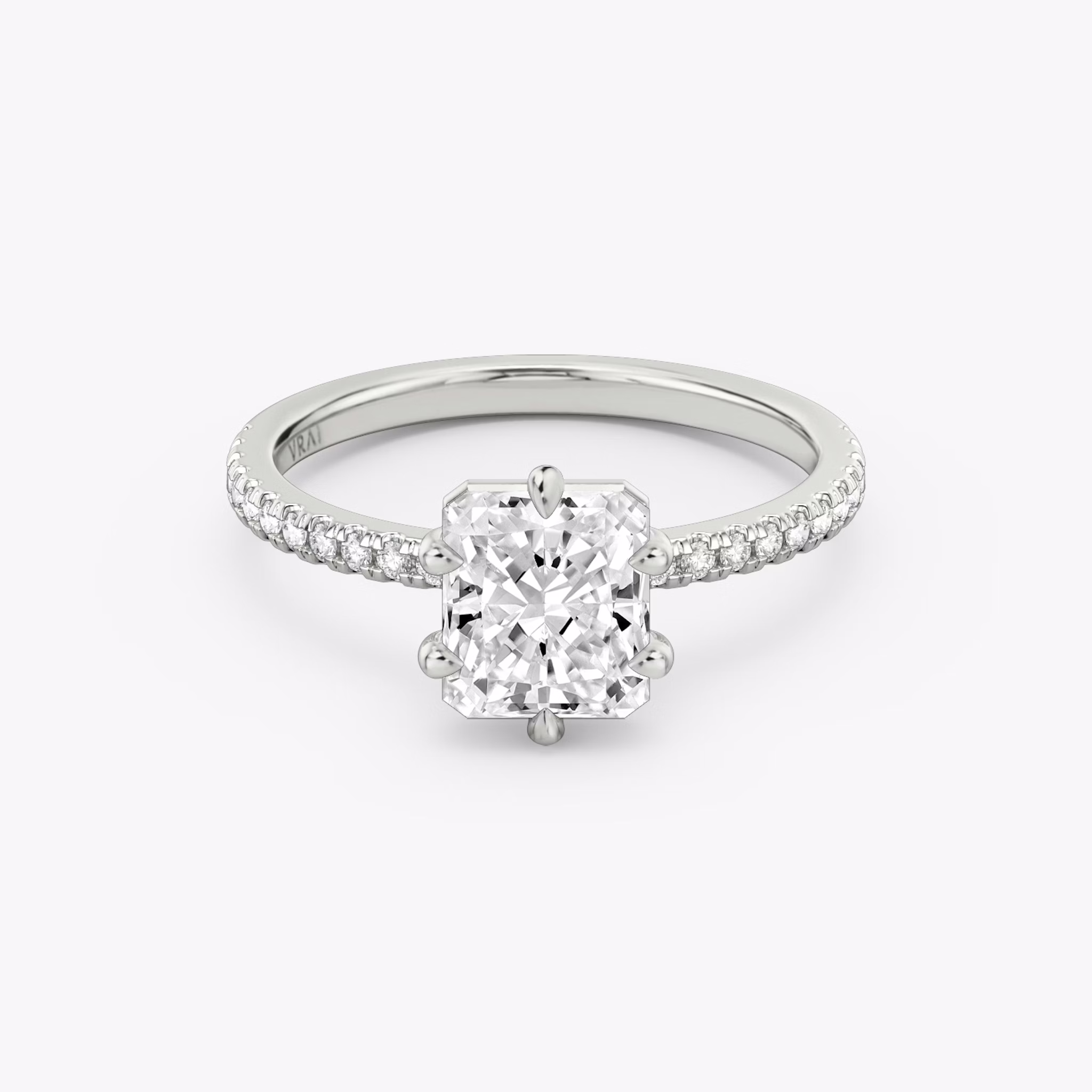 The Signature 6 Prong | Radiant | 18k | White Gold | bandAccent: Pavé | bandWidth: standard | hiddenHalo: no | diamondOrientation: vertical | caratWeight: other