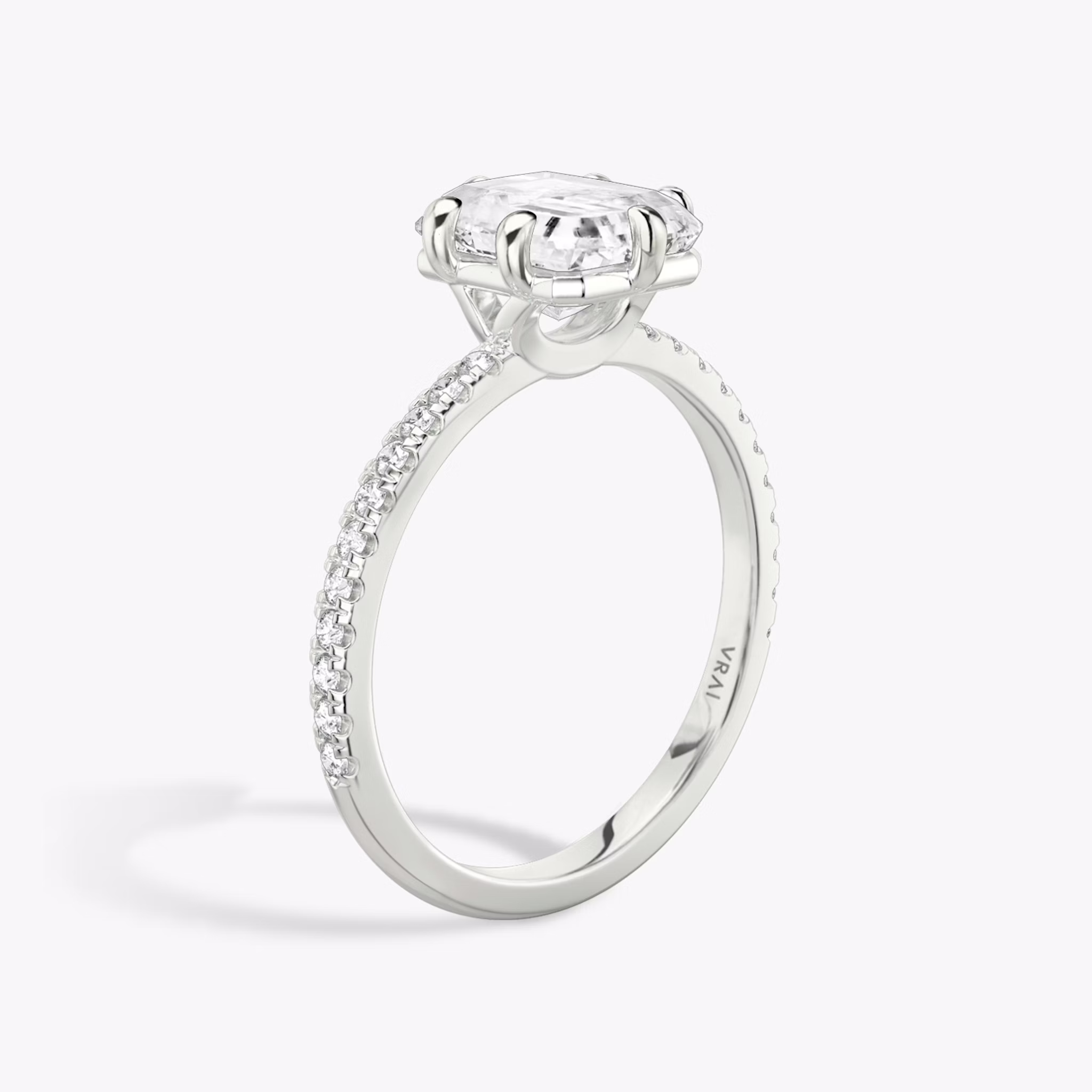The Signature 6 Prong | Radiant | 18k | White Gold | bandAccent: Pavé | bandWidth: standard | hiddenHalo: no | diamondOrientation: vertical | caratWeight: other