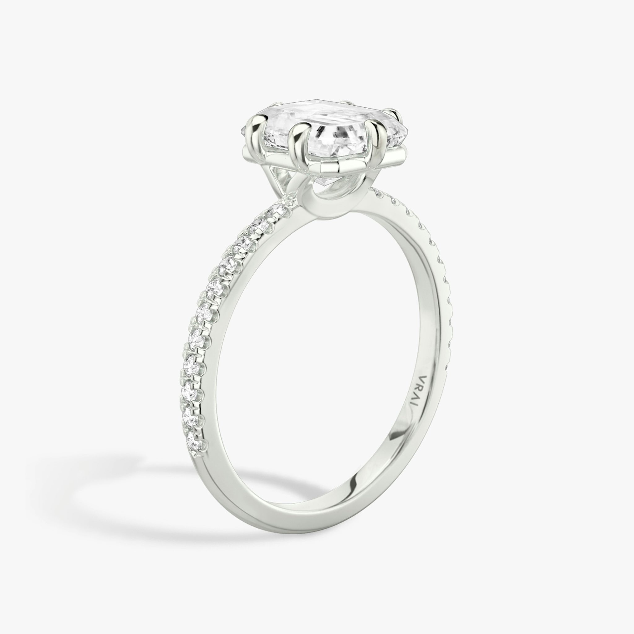 The Signature 6 Prong | Radiant | 18k | White Gold | bandAccent: Pavé | bandWidth: standard | hiddenHalo: no | diamondOrientation: vertical | caratWeight: other