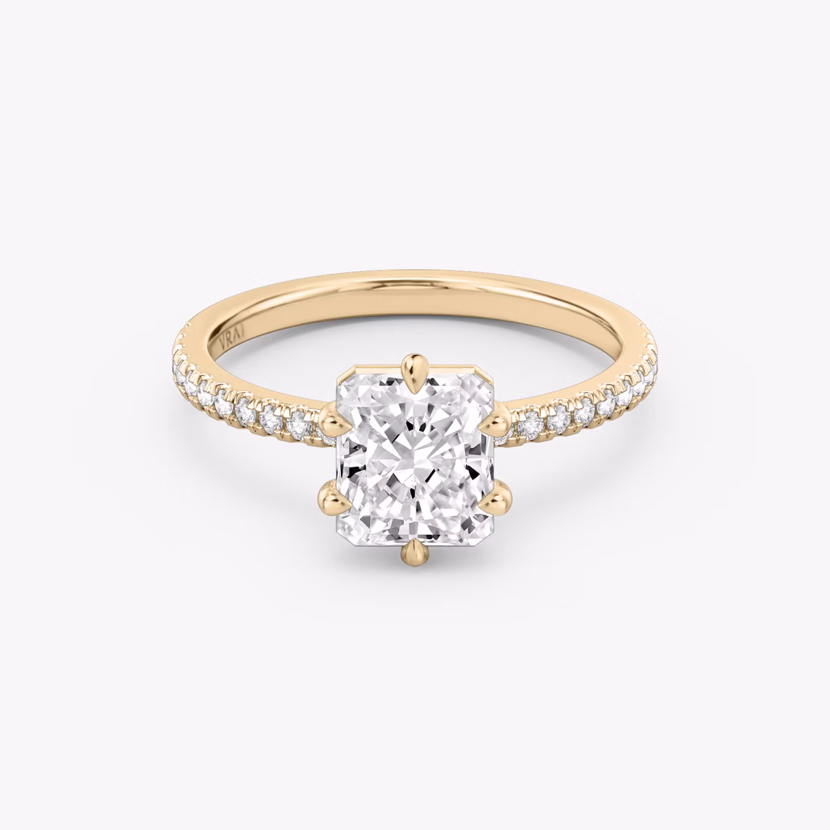 The Signature 6 Prong | Radiant | 14k | Rose Gold | bandAccent: Pavé | bandWidth: standard | hiddenHalo: no | diamondOrientation: vertical | caratWeight: other