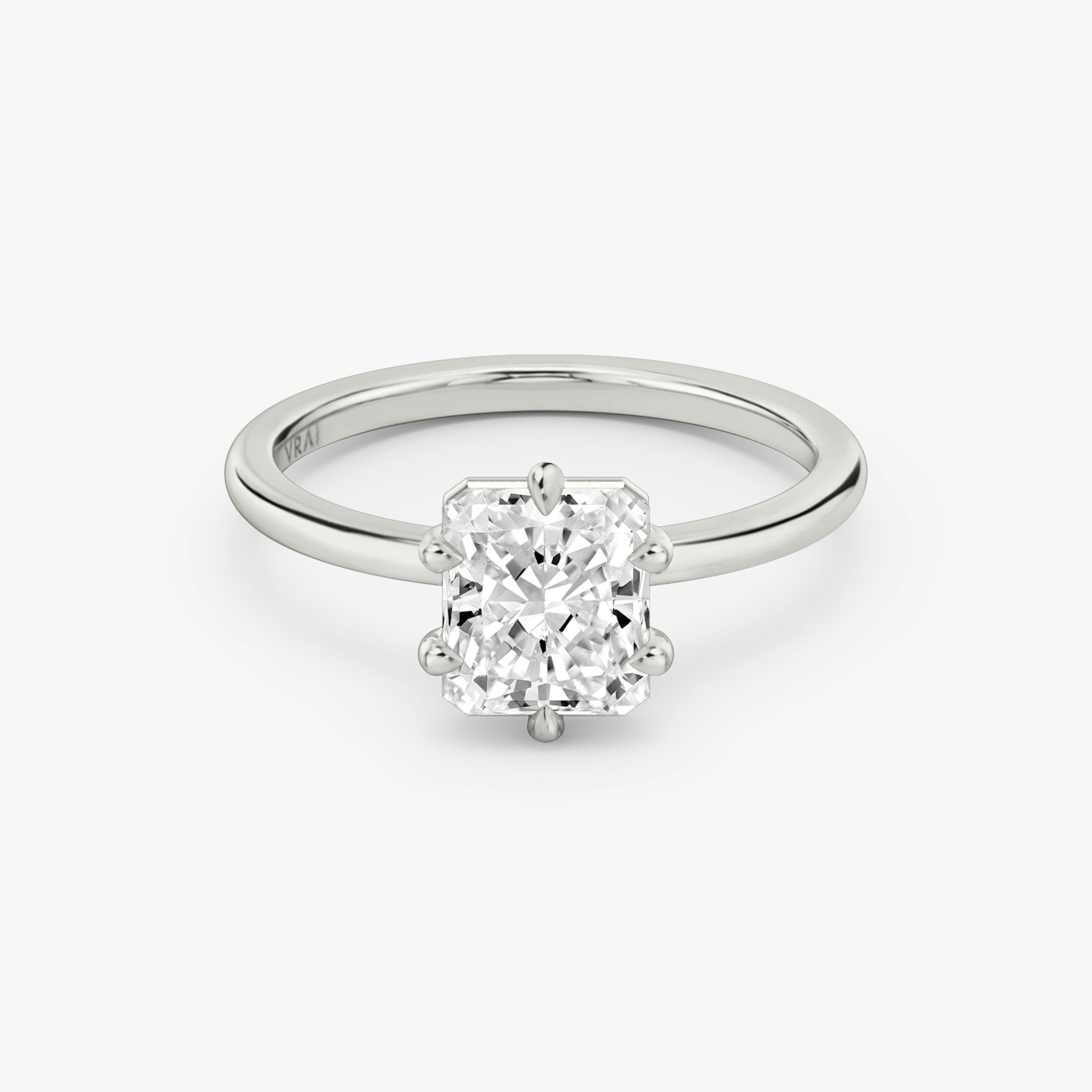 The Signature 6 Prong | Radiant | 18k | White Gold | bandAccent: Plain | bandWidth: standard | hiddenHalo: no | diamondOrientation: vertical | caratWeight: other