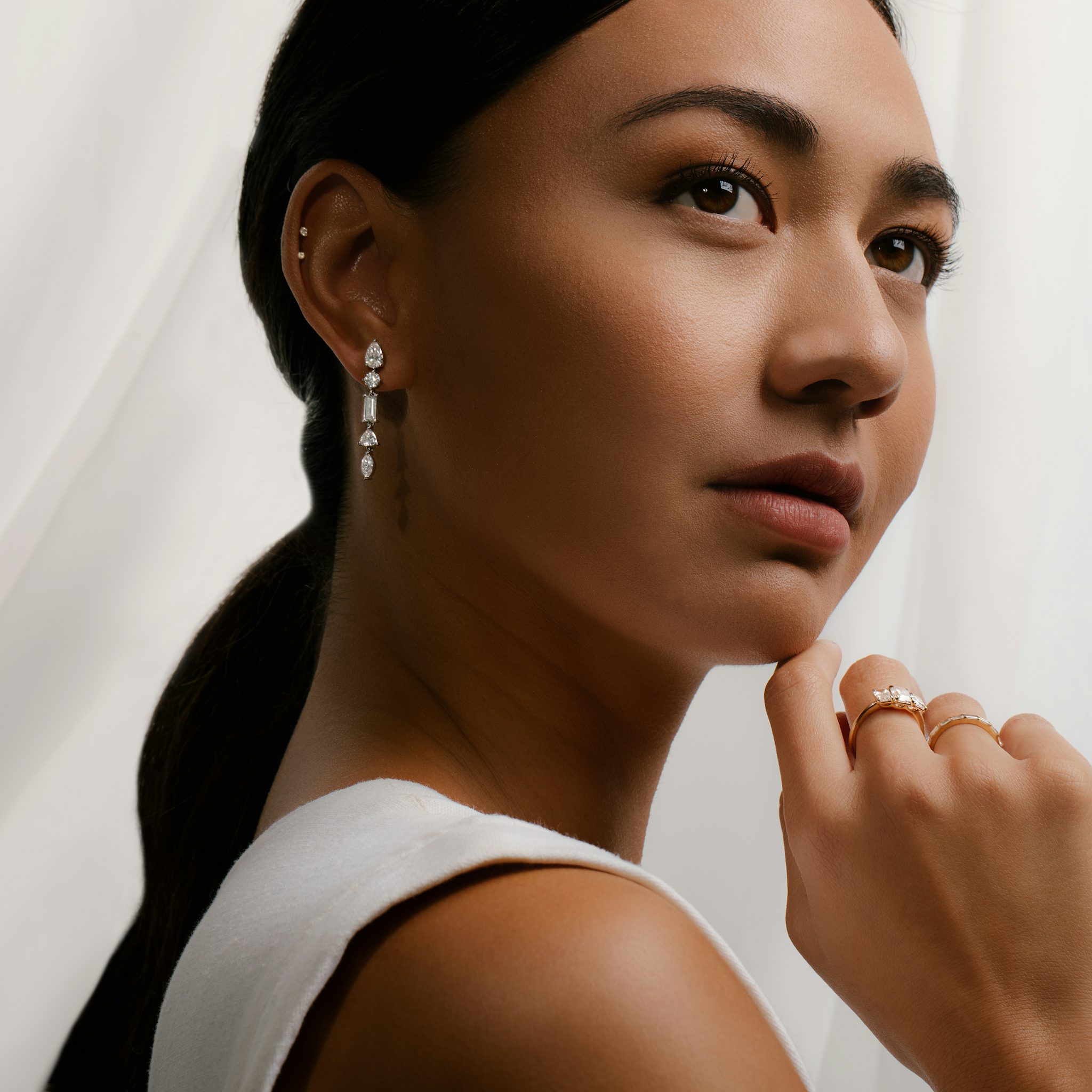 Mixed Drop Earring | pear+round-brilliant+baguette+trillion+marquise | 14k | White Gold