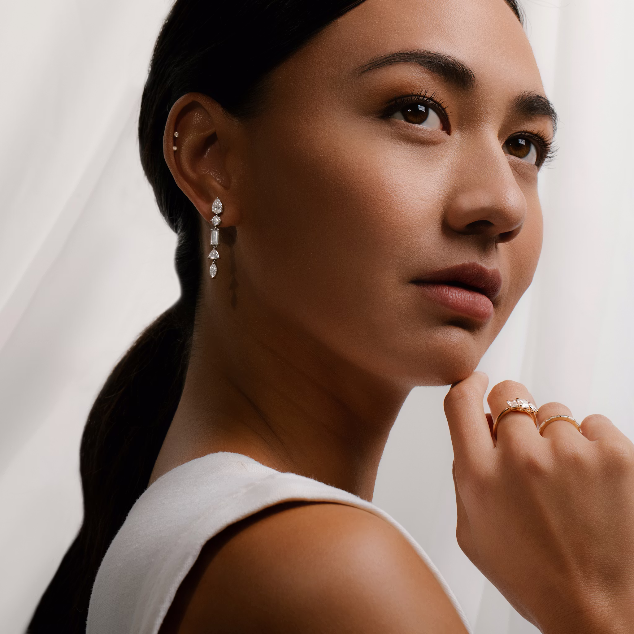 Mixed Drop Earring | pear+round-brilliant+baguette+trillion+marquise | 14k | Yellow Gold