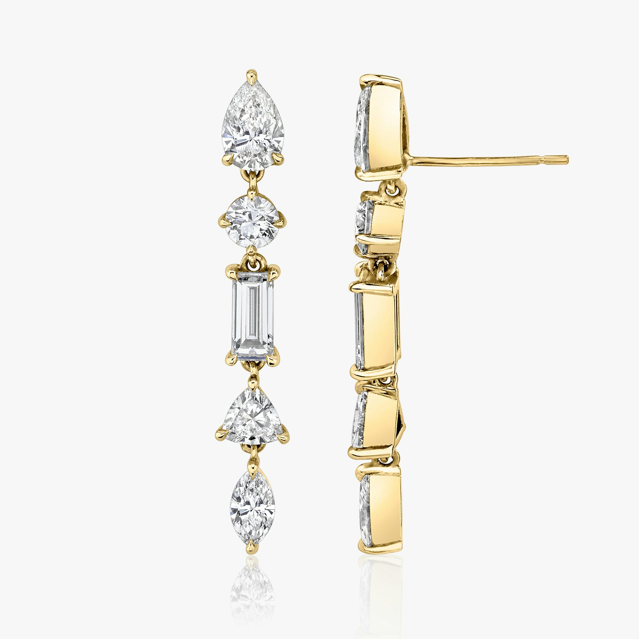Mixed Drop Earring | pear+round-brilliant+baguette+trillion+marquise | 14k | Yellow Gold