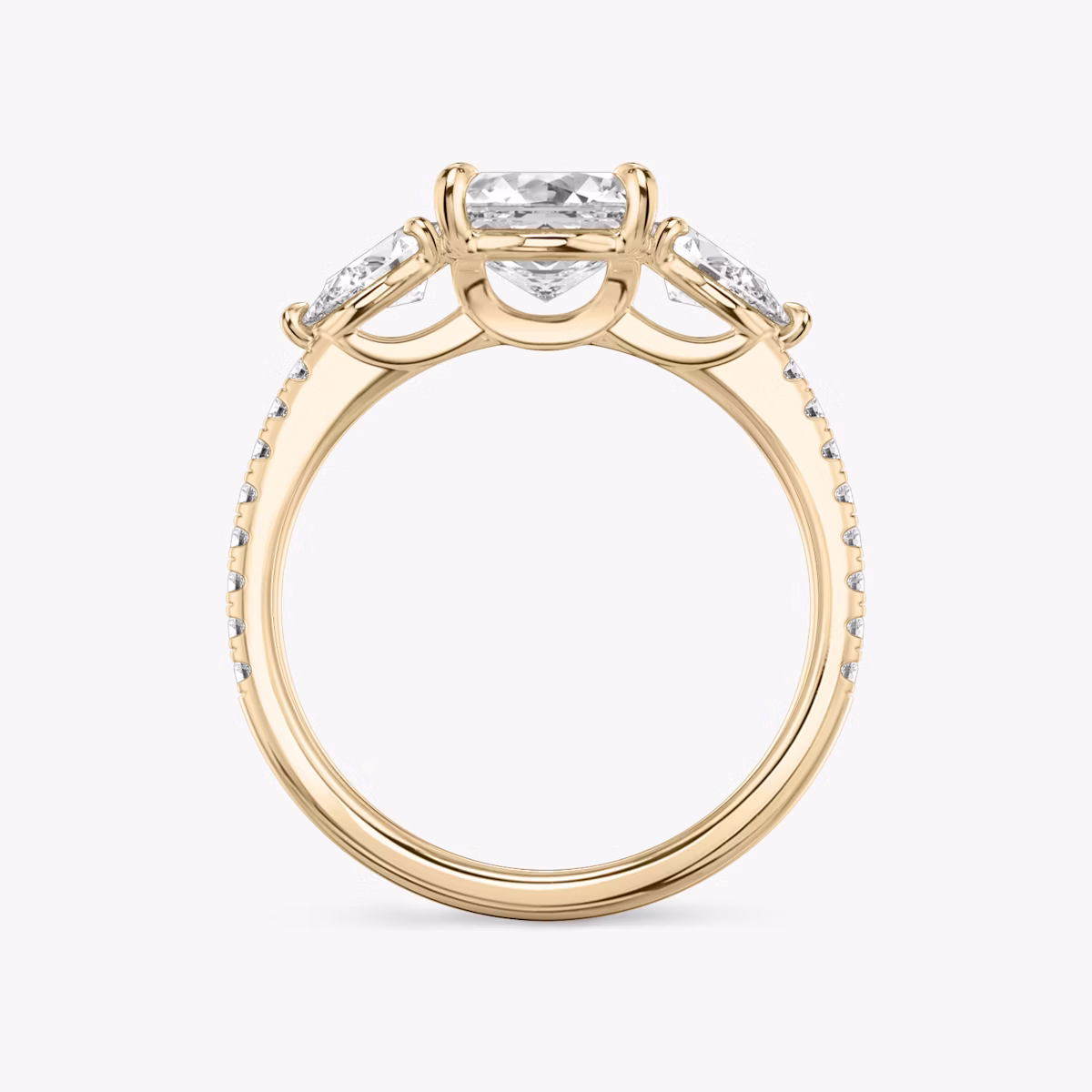 The Three Stone | Asscher | 14k | Rose Gold | bandAccent: Pavé | sideStoneCarat: 0.25ct | sideStoneShape: Pear | diamondOrientation: vertical | caratWeight: other