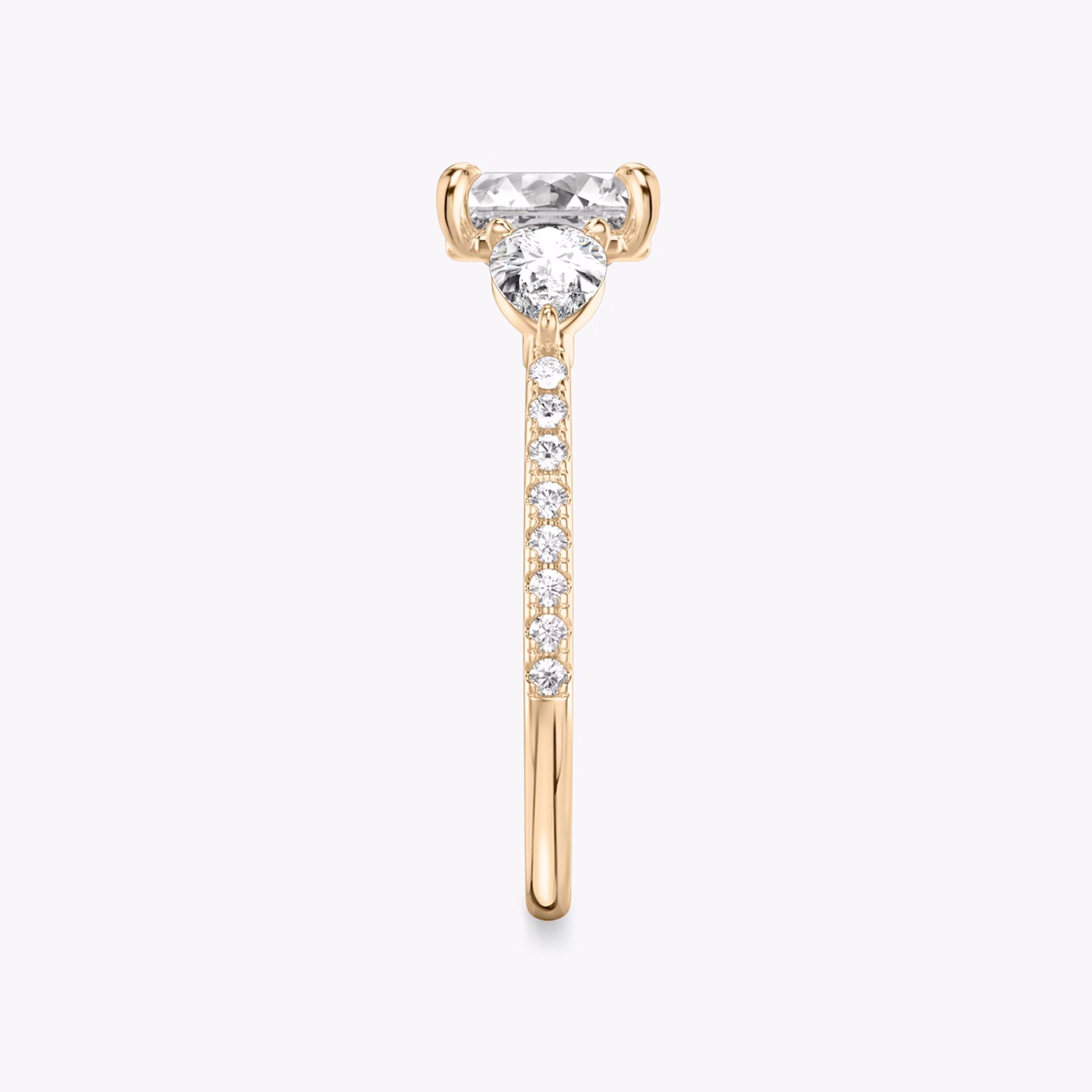 The Three Stone | Asscher | 14k | Rose Gold | bandAccent: Pavé | sideStoneCarat: 0.25ct | sideStoneShape: Pear | diamondOrientation: vertical | caratWeight: other