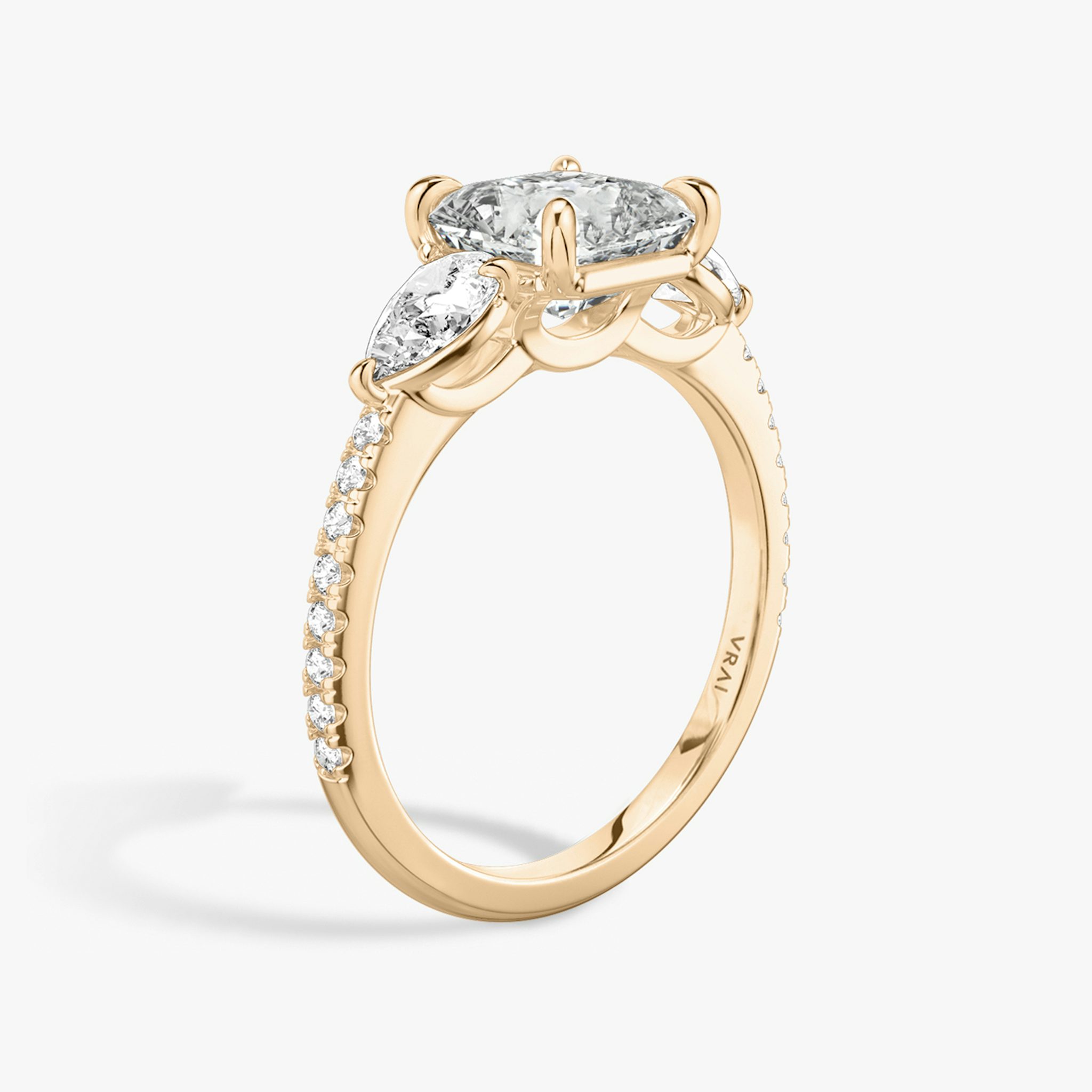 The Three Stone | Asscher | 14k | Rose Gold | bandAccent: Pavé | sideStoneCarat: 0.25ct | sideStoneShape: Pear | diamondOrientation: vertical | caratWeight: other