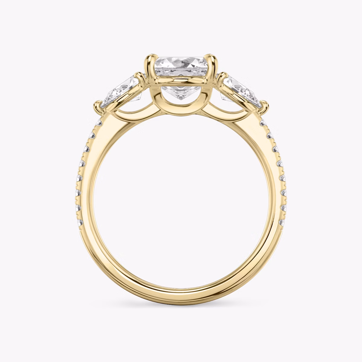 The Three Stone | Asscher | 18k | Yellow Gold | bandAccent: Pavé | sideStoneCarat: 0.25ct | sideStoneShape: Pear | diamondOrientation: vertical | caratWeight: other