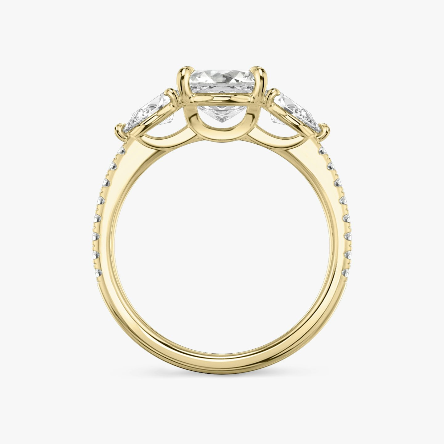 The Three Stone | Asscher | 18k | Yellow Gold | bandAccent: Pavé | sideStoneCarat: 0.25ct | sideStoneShape: Pear | diamondOrientation: vertical | caratWeight: other
