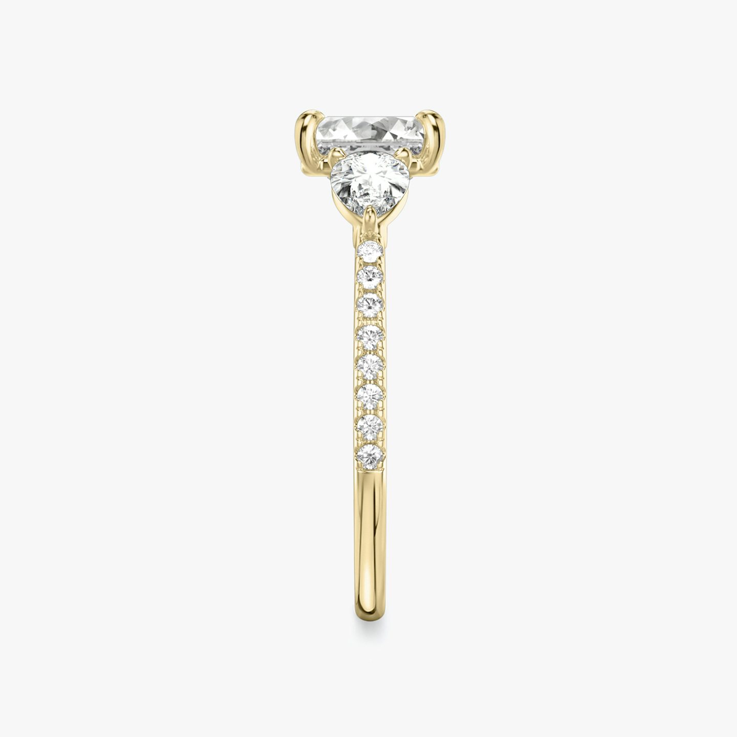 The Three Stone | Asscher | 18k | Yellow Gold | bandAccent: Pavé | sideStoneCarat: 0.25ct | sideStoneShape: Pear | diamondOrientation: vertical | caratWeight: other