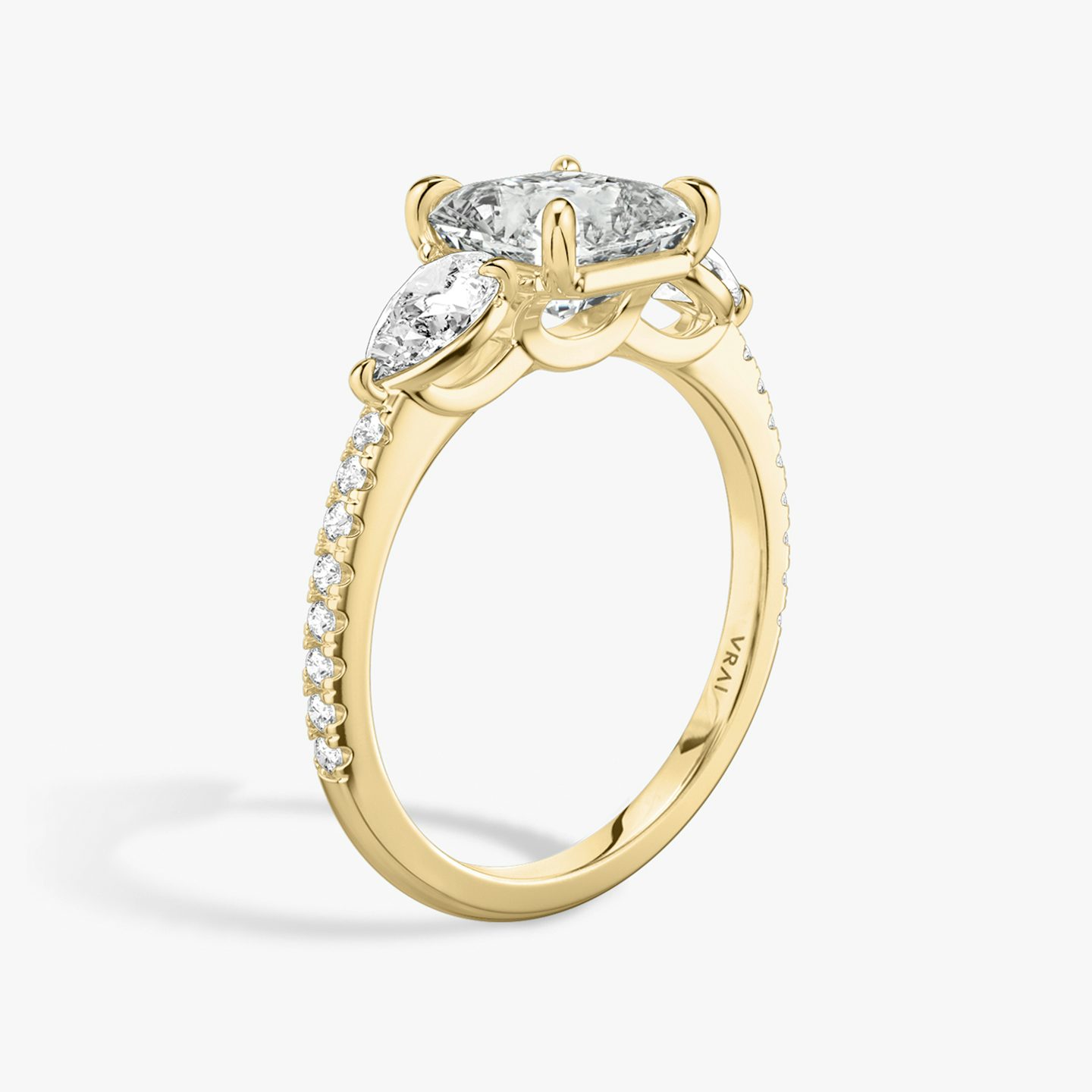 The Three Stone | Asscher | 18k | Yellow Gold | bandAccent: Pavé | sideStoneCarat: 0.25ct | sideStoneShape: Pear | diamondOrientation: vertical | caratWeight: other
