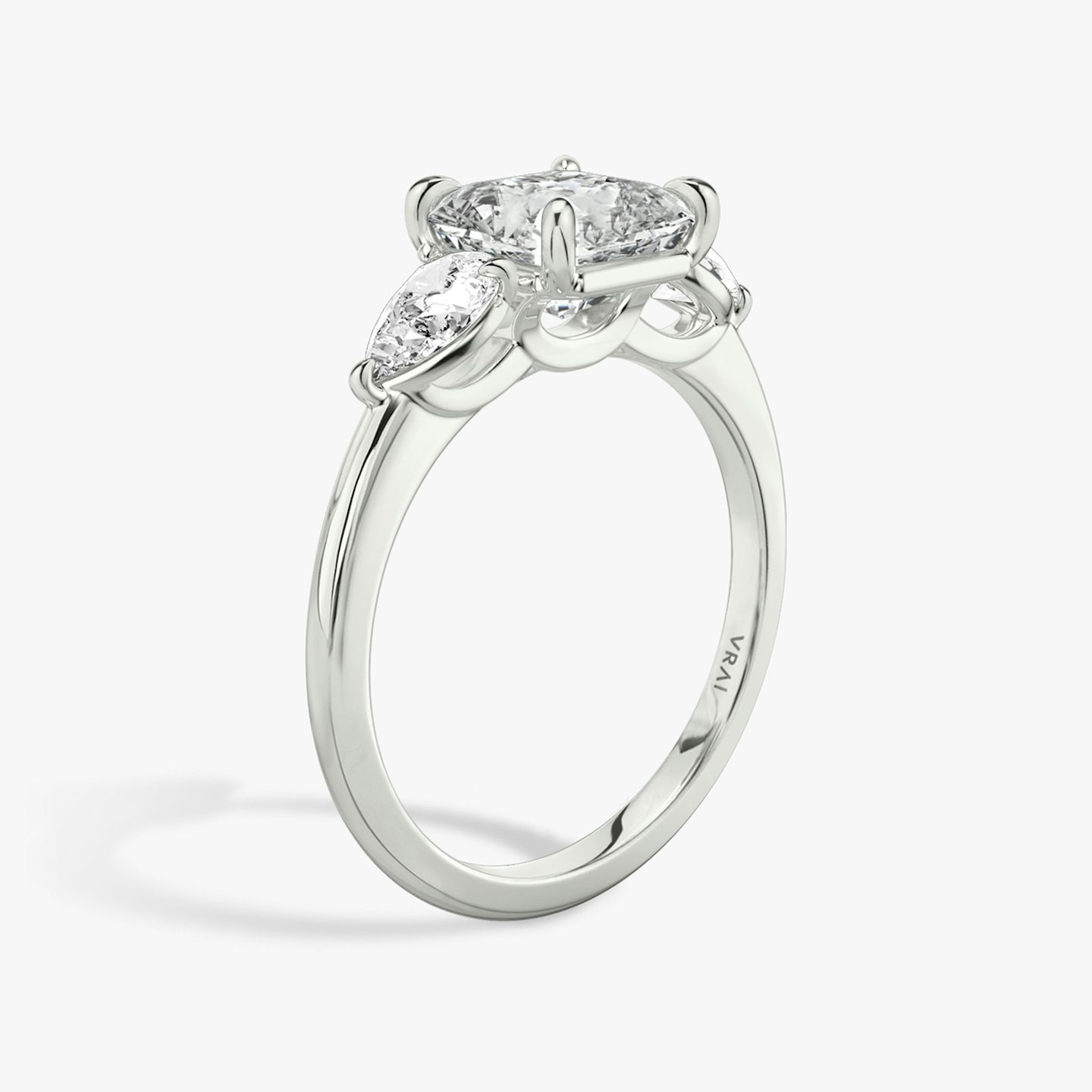 The Three Stone | Asscher | 18k | White Gold | bandAccent: Plain | sideStoneCarat: 0.25ct | sideStoneShape: Pear | diamondOrientation: vertical | caratWeight: other
