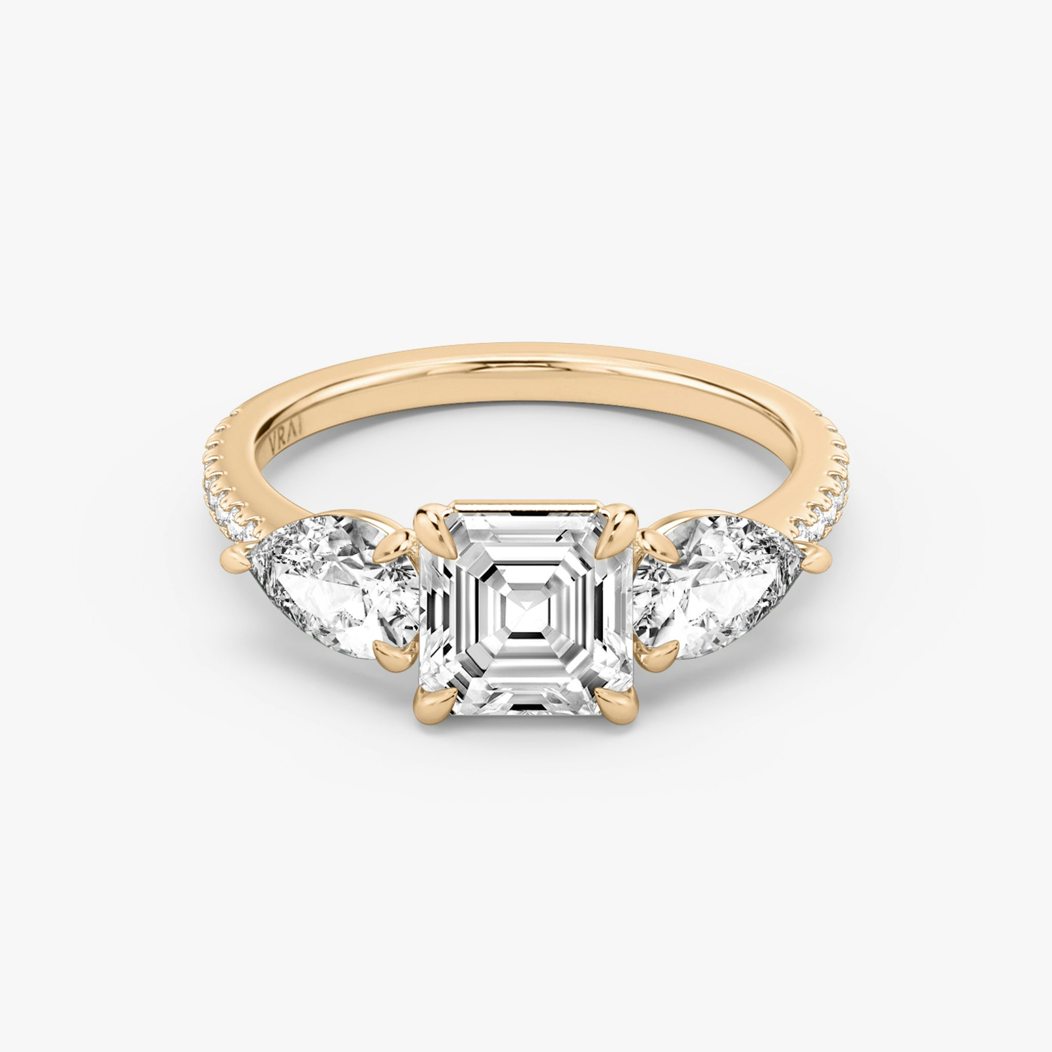 The Three Stone | Asscher | 14k | Rose Gold | bandAccent: Pavé | sideStoneCarat: 0.50ct | sideStoneShape: Pear | diamondOrientation: vertical | caratWeight: other