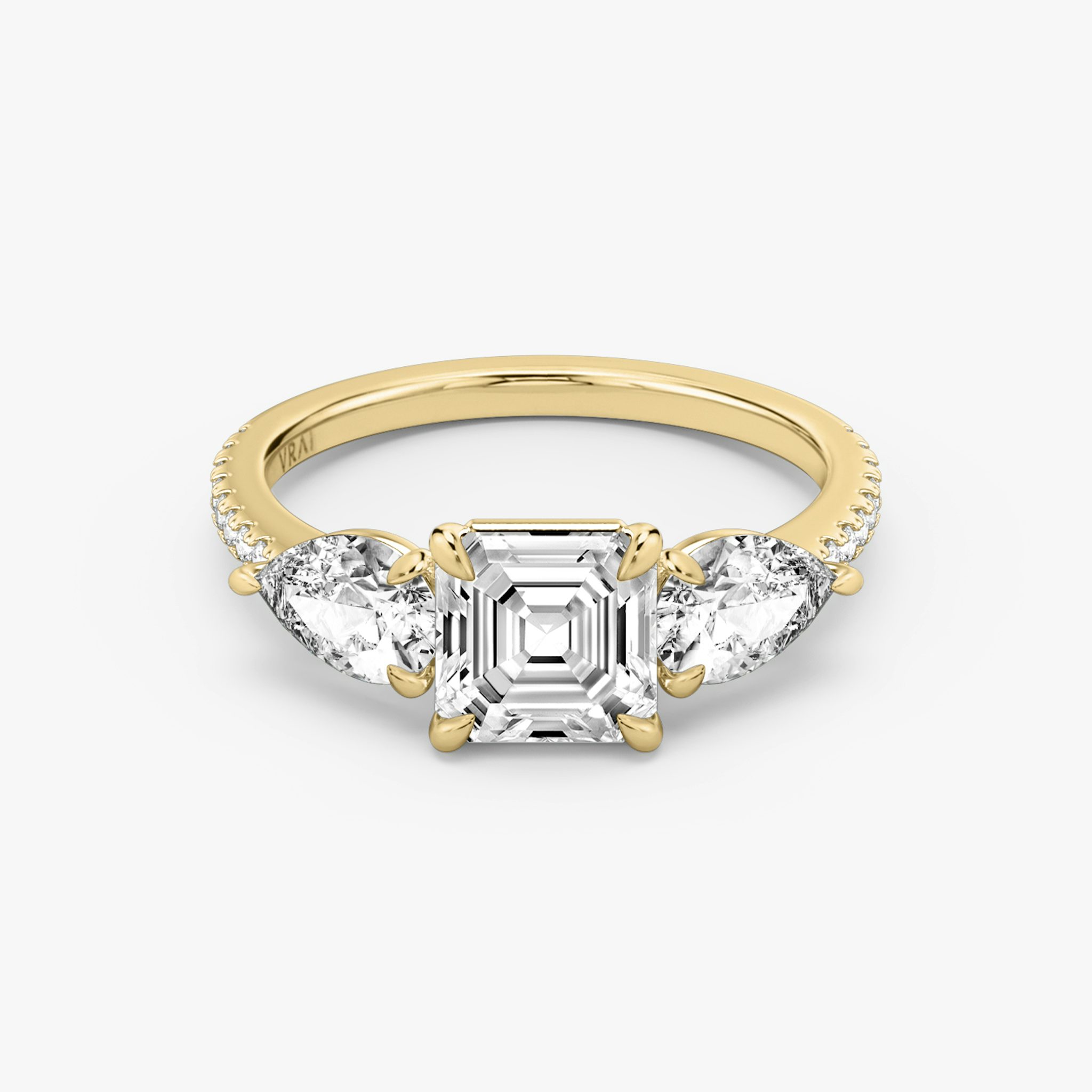 The Three Stone | Asscher | 18k | Yellow Gold | bandAccent: Pavé | sideStoneCarat: 0.50ct | sideStoneShape: Pear | diamondOrientation: vertical | caratWeight: other