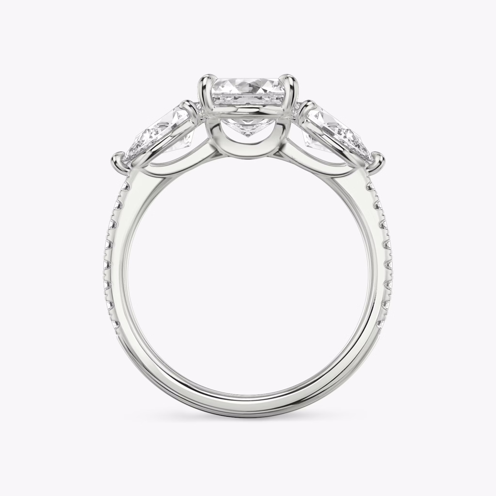The Three Stone | Asscher | 18k | White Gold | bandAccent: Pavé | sideStoneCarat: 0.50ct | sideStoneShape: Pear | diamondOrientation: vertical | caratWeight: other