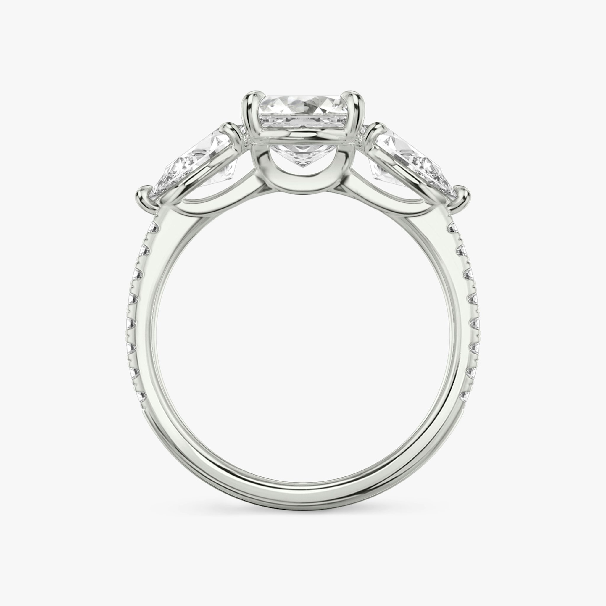 The Three Stone | Asscher | 18k | White Gold | bandAccent: Pavé | sideStoneCarat: 0.50ct | sideStoneShape: Pear | diamondOrientation: vertical | caratWeight: other