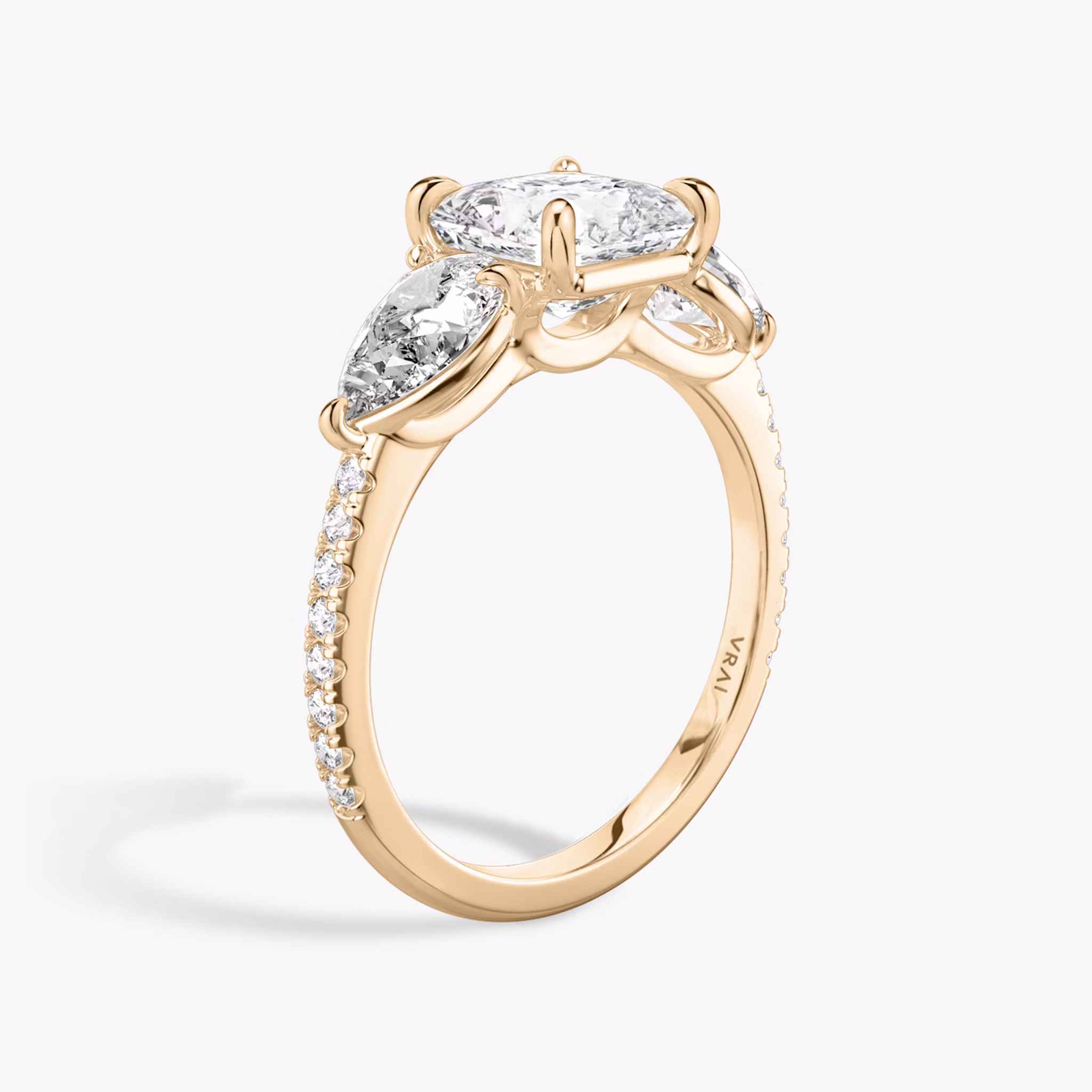 The Three Stone | Asscher | 14k | Rose Gold | bandAccent: Pavé | sideStoneCarat: 0.50ct | sideStoneShape: Pear | diamondOrientation: vertical | caratWeight: other