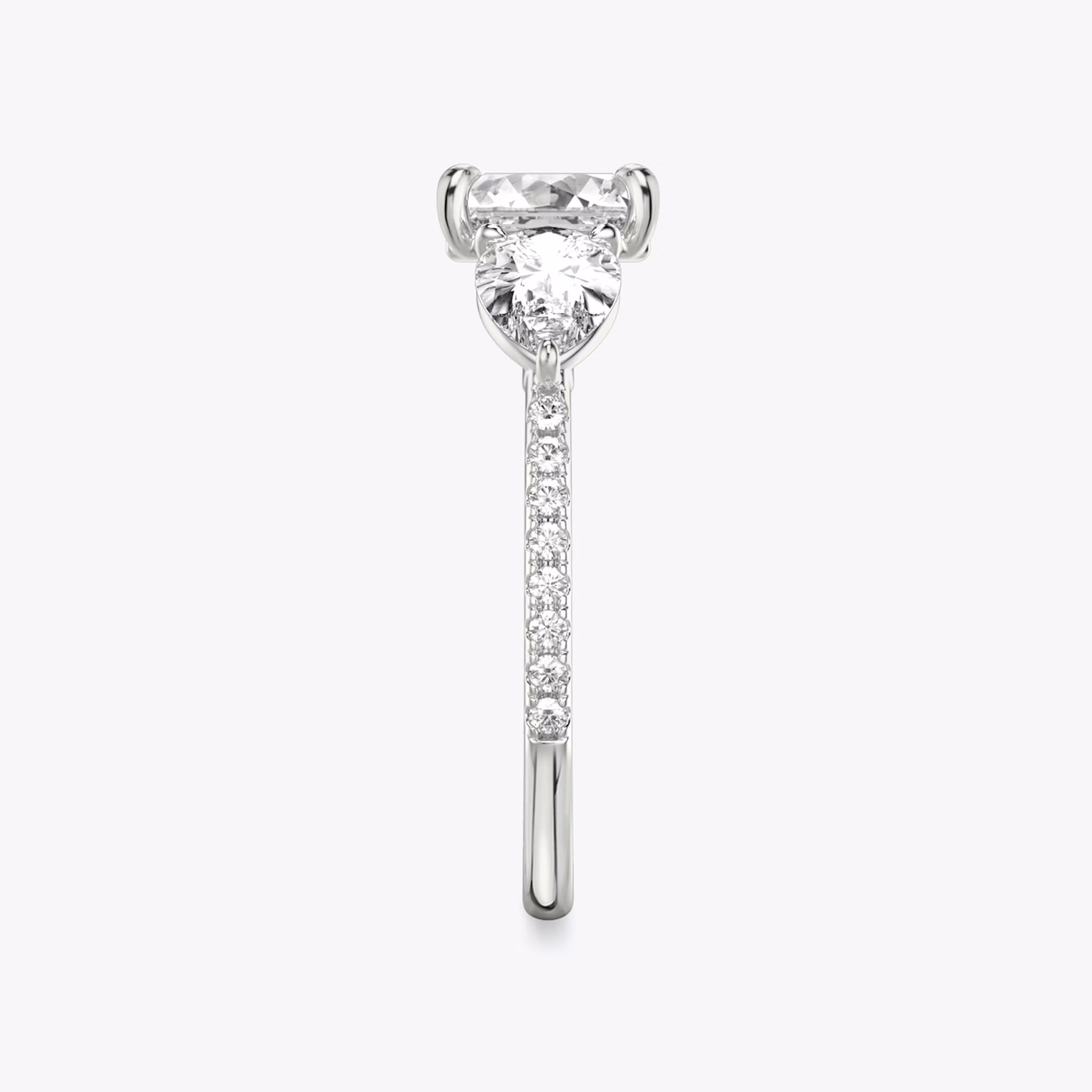 The Three Stone | Asscher | 18k | White Gold | bandAccent: Pavé | sideStoneCarat: 0.50ct | sideStoneShape: Pear | diamondOrientation: vertical | caratWeight: other