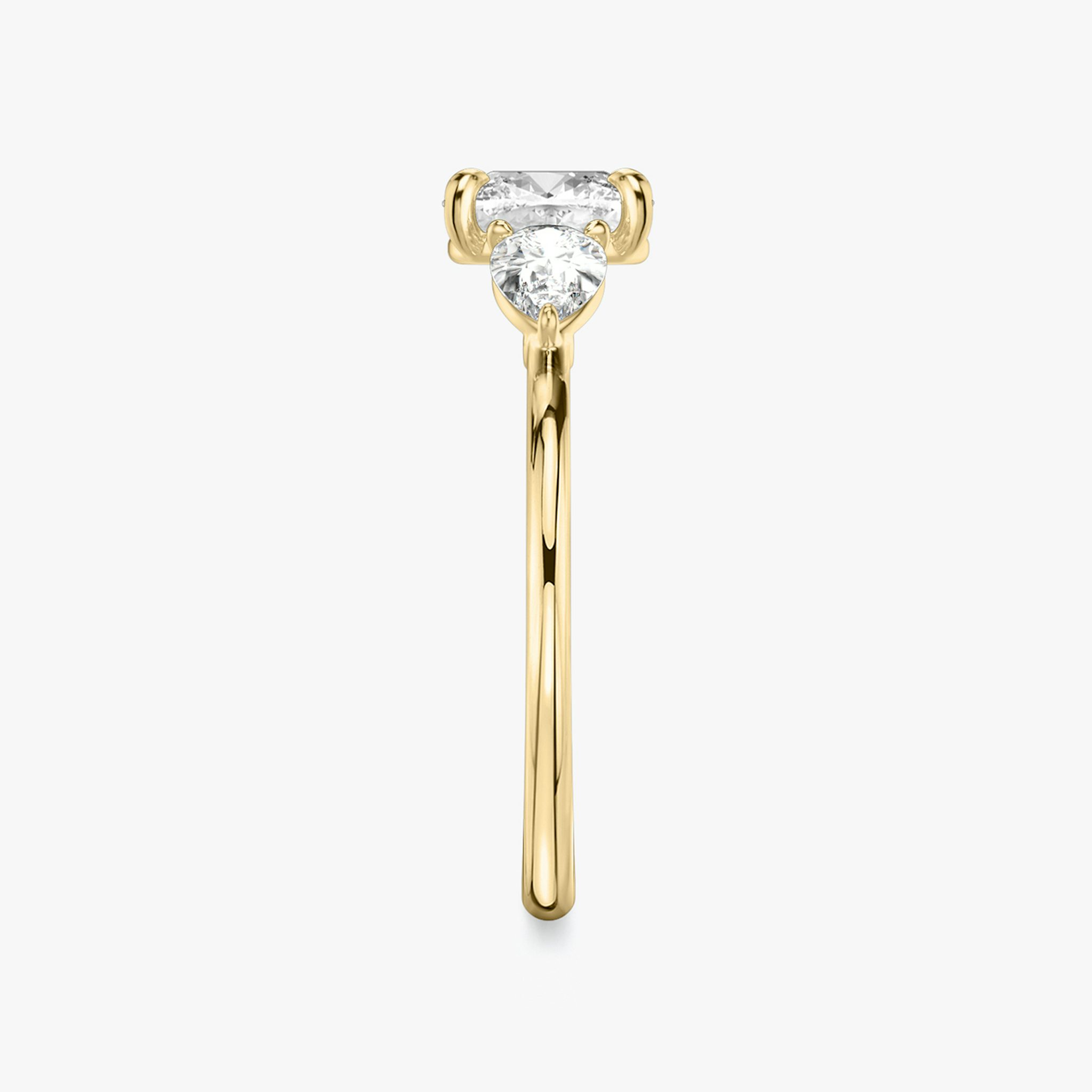 The Three Stone | Cushion | 18k | Yellow Gold | bandAccent: Plain | sideStoneCarat: 0.25ct | sideStoneShape: Pear | diamondOrientation: vertical | caratWeight: other