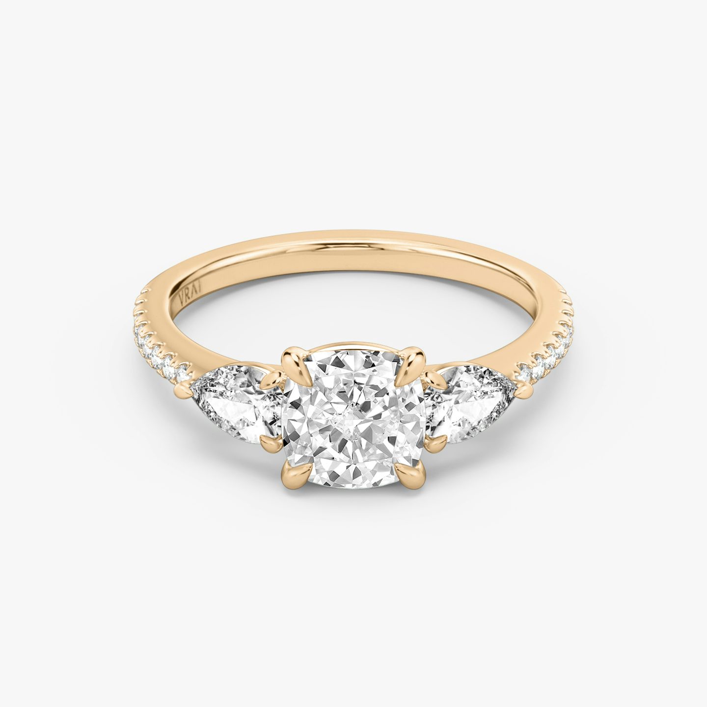 The Three Stone | Cushion | 14k | Rose Gold | bandAccent: Pavé | sideStoneCarat: 0.25ct | sideStoneShape: Pear | diamondOrientation: vertical | caratWeight: other