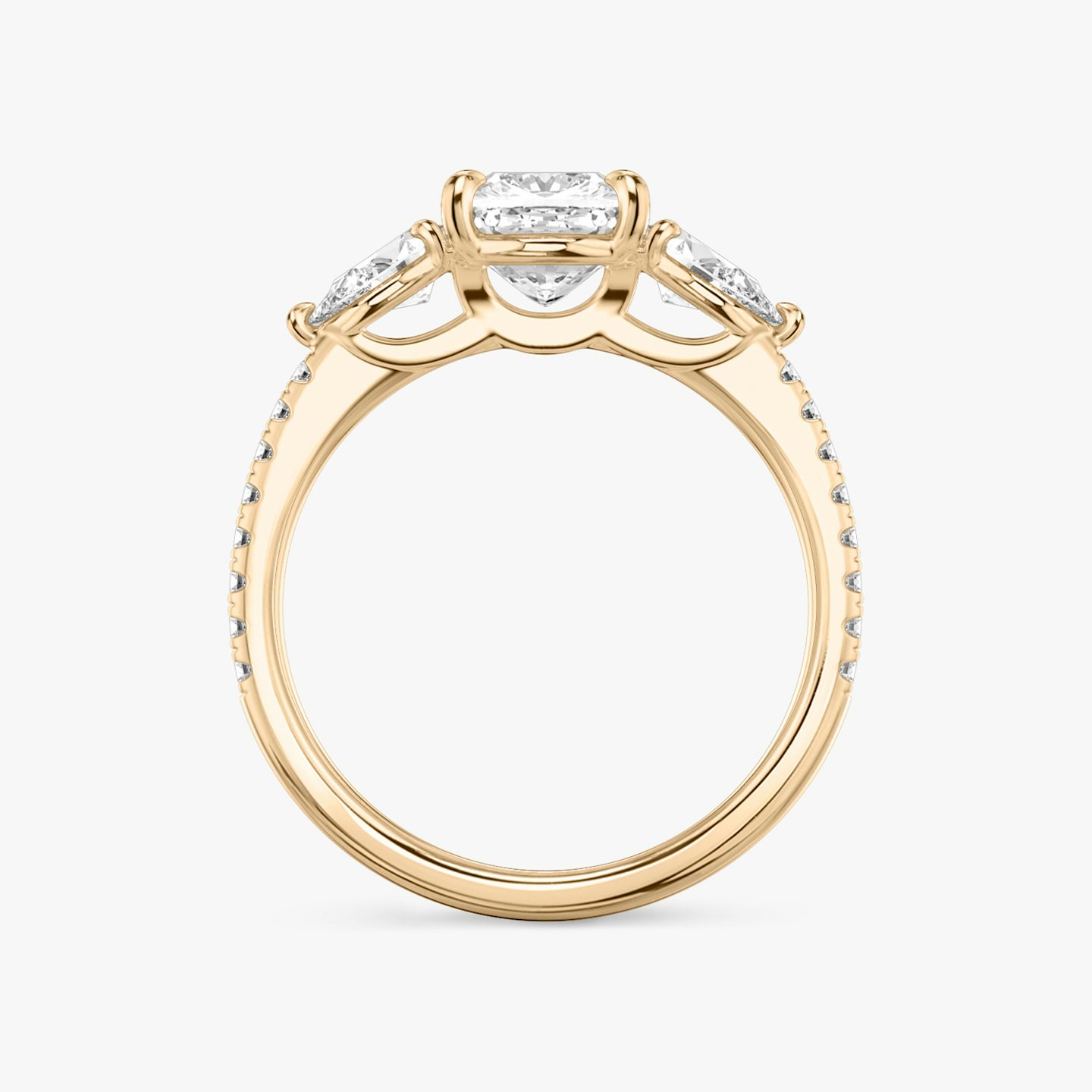 The Three Stone | Cushion | 14k | Rose Gold | bandAccent: Pavé | sideStoneCarat: 0.25ct | sideStoneShape: Pear | diamondOrientation: vertical | caratWeight: other