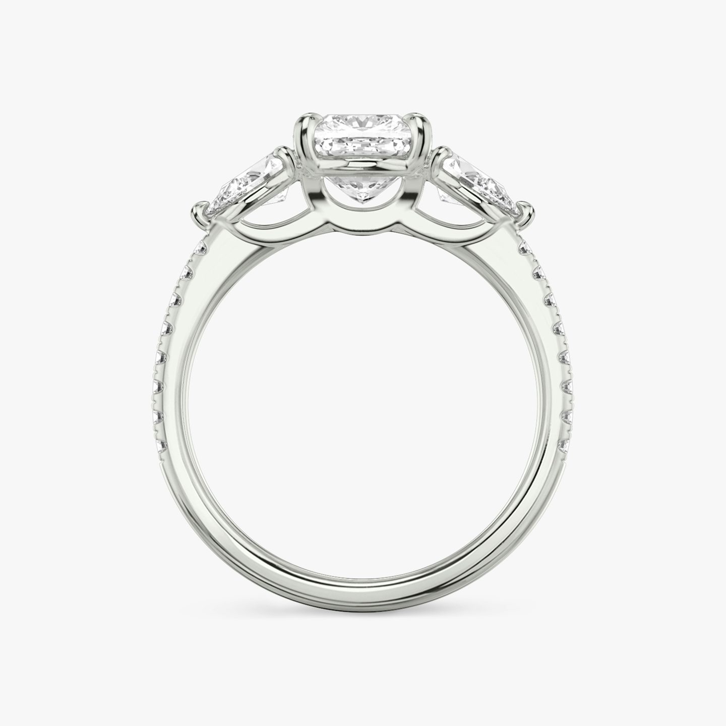 The Three Stone | Cushion | Platinum | bandAccent: Pavé | sideStoneCarat: 0.25ct | sideStoneShape: Pear | diamondOrientation: vertical | caratWeight: other