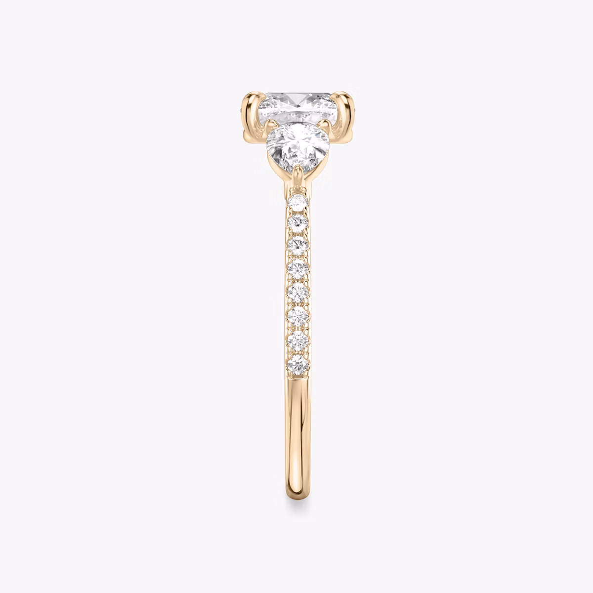 The Three Stone | Cushion | 14k | Rose Gold | bandAccent: Pavé | sideStoneCarat: 0.25ct | sideStoneShape: Pear | diamondOrientation: vertical | caratWeight: other
