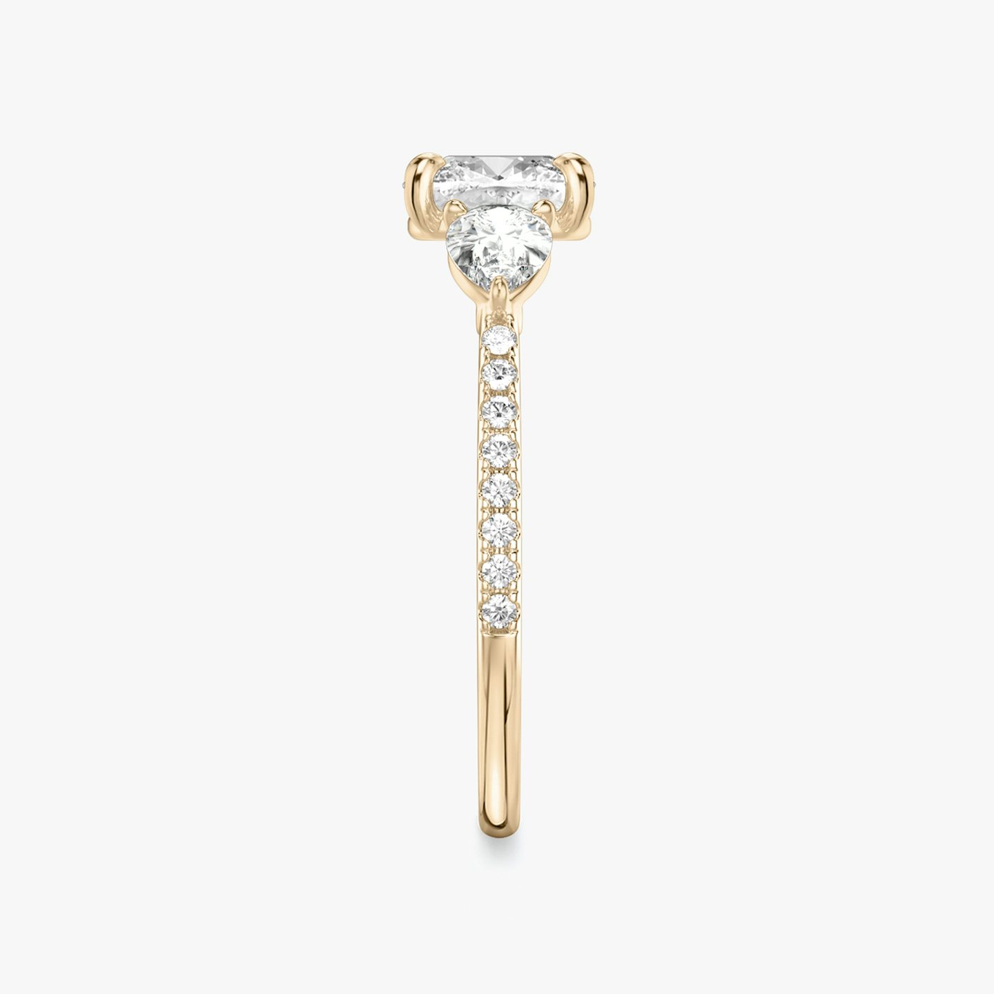 The Three Stone | Cushion | 14k | Rose Gold | bandAccent: Pavé | sideStoneCarat: 0.25ct | sideStoneShape: Pear | diamondOrientation: vertical | caratWeight: other