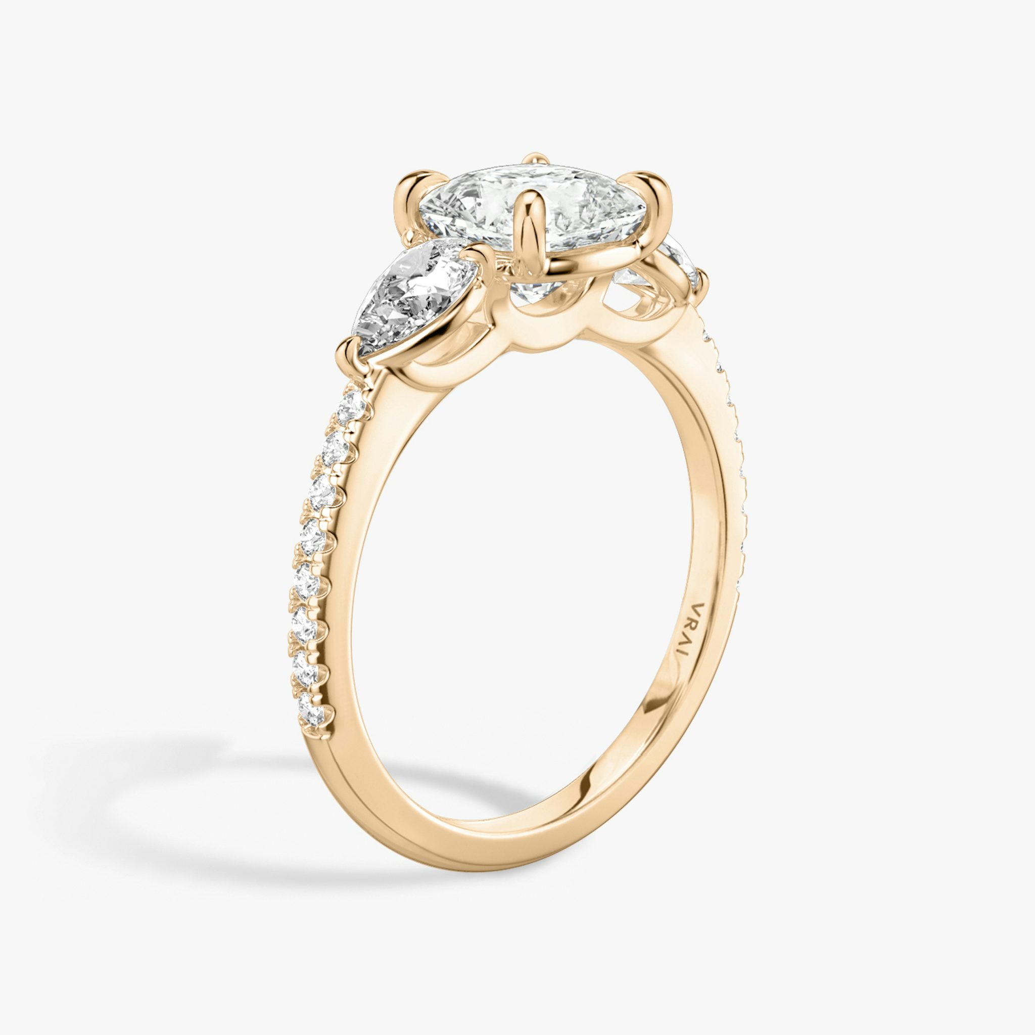 The Three Stone | Cushion | 14k | Rose Gold | bandAccent: Pavé | sideStoneCarat: 0.25ct | sideStoneShape: Pear | diamondOrientation: vertical | caratWeight: other