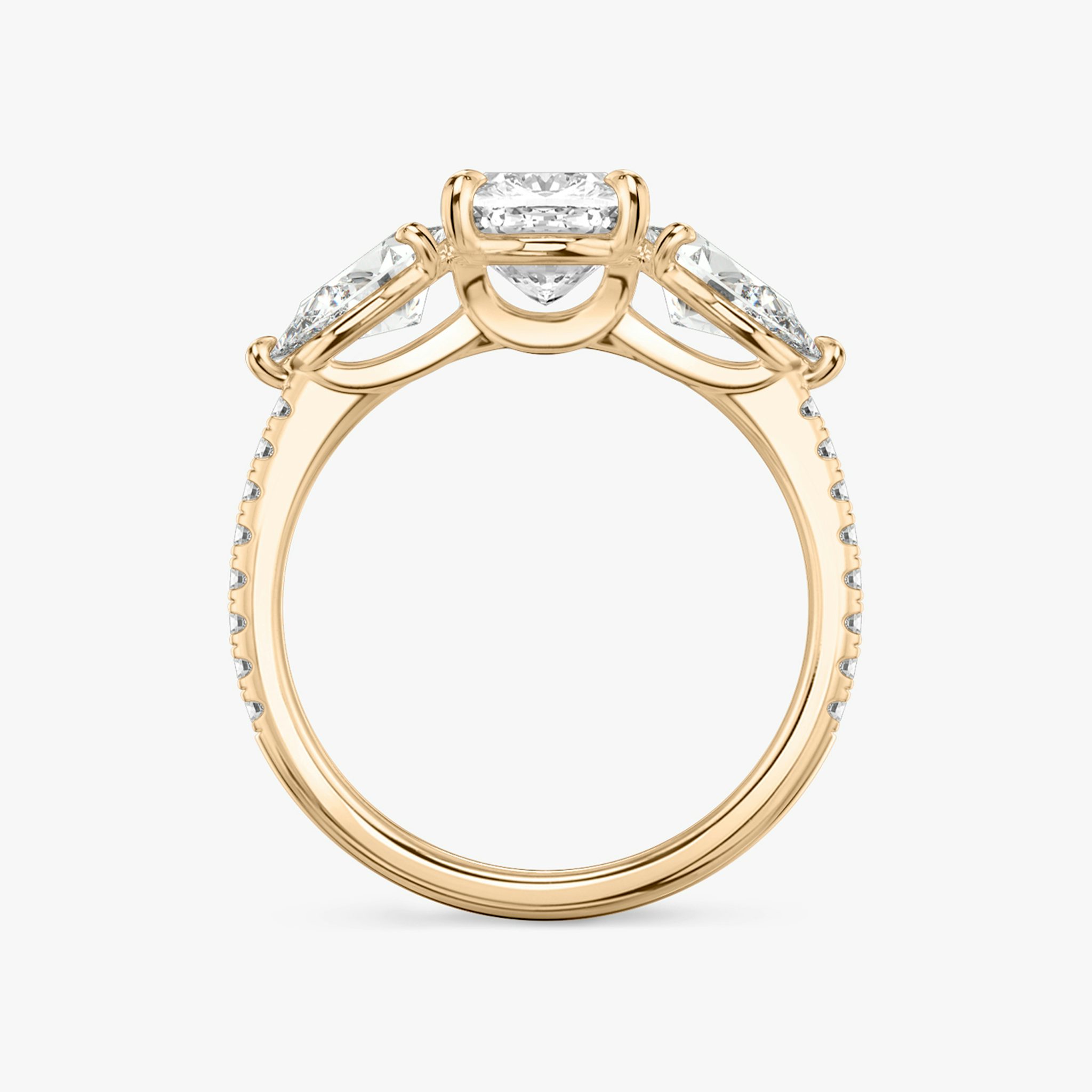 The Three Stone | Cushion | 14k | Rose Gold | bandAccent: Pavé | sideStoneCarat: 0.50ct | sideStoneShape: Pear | diamondOrientation: vertical | caratWeight: other