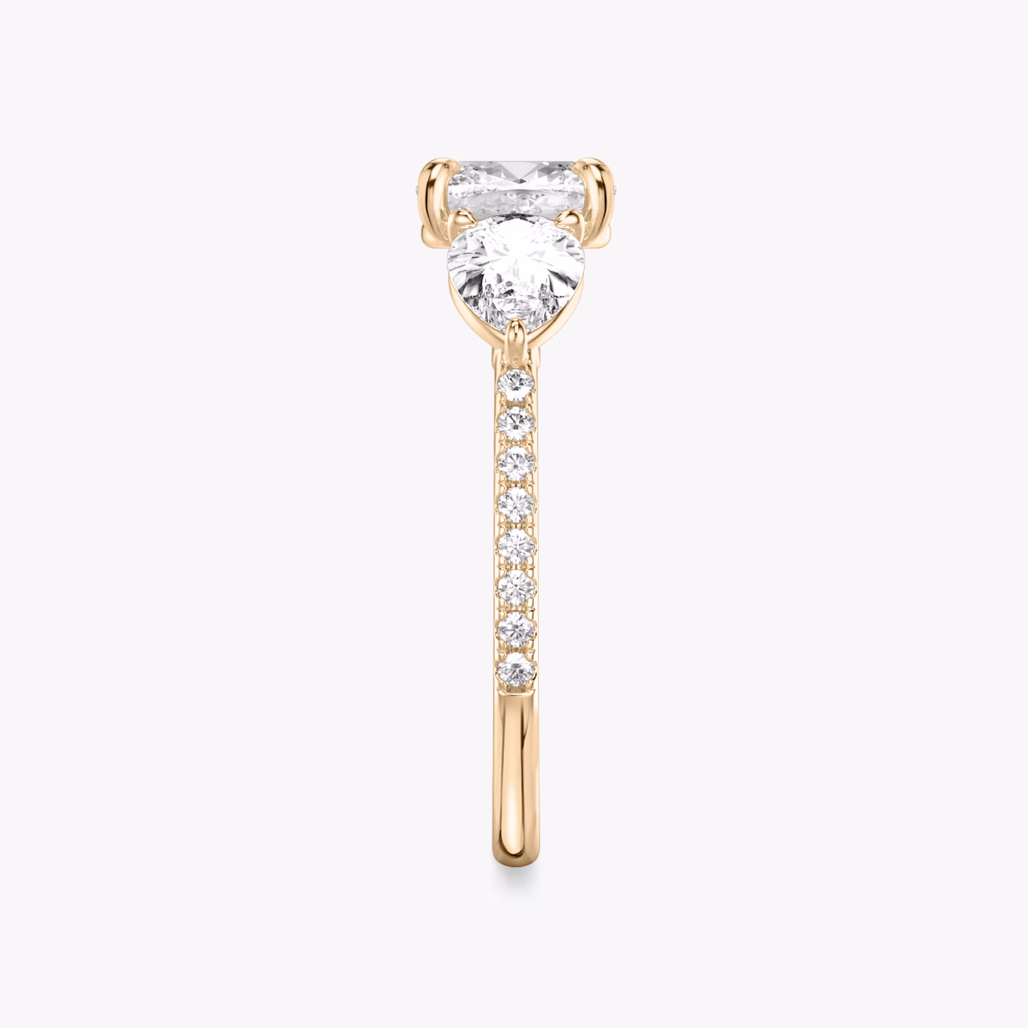 The Three Stone | Cushion | 14k | Rose Gold | bandAccent: Pavé | sideStoneCarat: 0.50ct | sideStoneShape: Pear | diamondOrientation: vertical | caratWeight: other