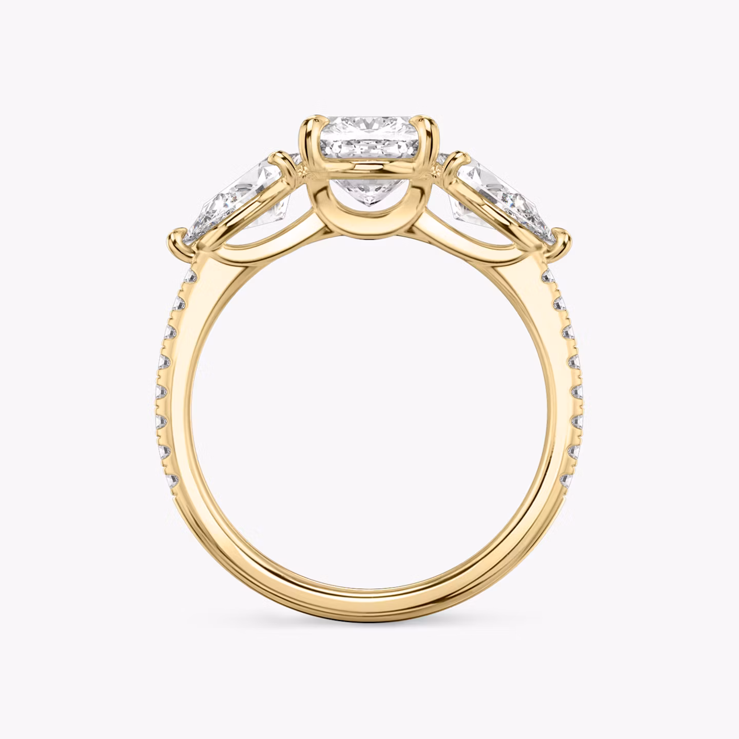 The Three Stone | Cushion | 18k | Yellow Gold | bandAccent: Pavé | sideStoneCarat: 0.50ct | sideStoneShape: Pear | diamondOrientation: vertical | caratWeight: other