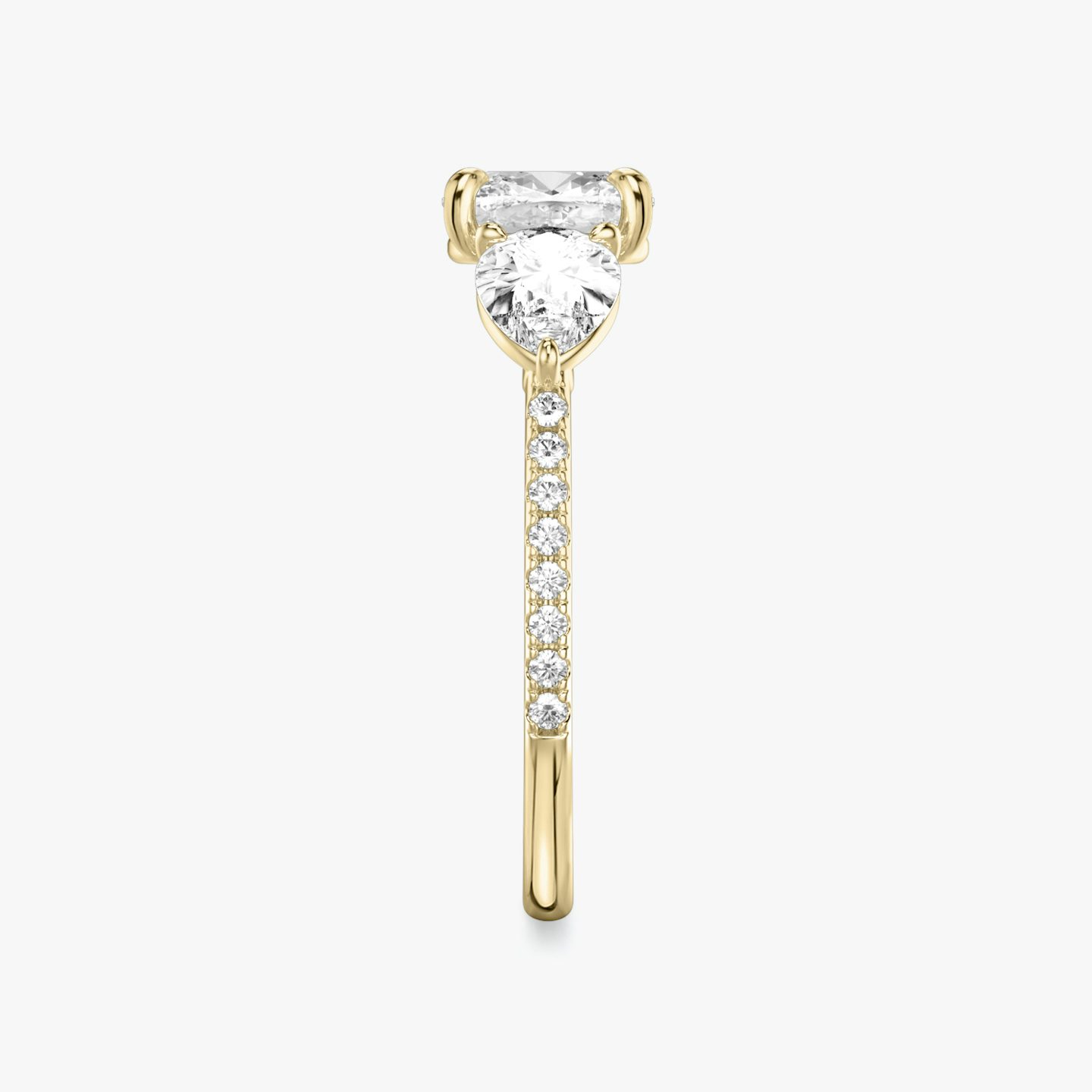 The Three Stone | Cushion | 18k | Yellow Gold | bandAccent: Pavé | sideStoneCarat: 0.50ct | sideStoneShape: Pear | diamondOrientation: vertical | caratWeight: other
