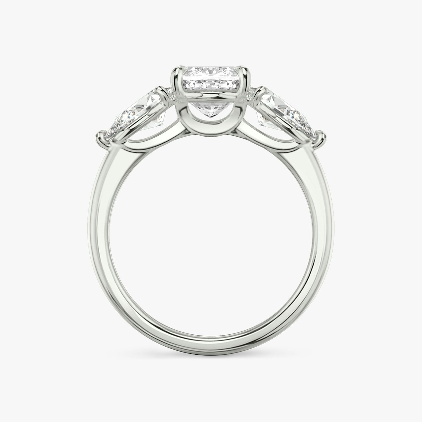 The Three Stone | Cushion | 18k | White Gold | bandAccent: Plain | sideStoneCarat: 0.50ct | sideStoneShape: Pear | diamondOrientation: vertical | caratWeight: other