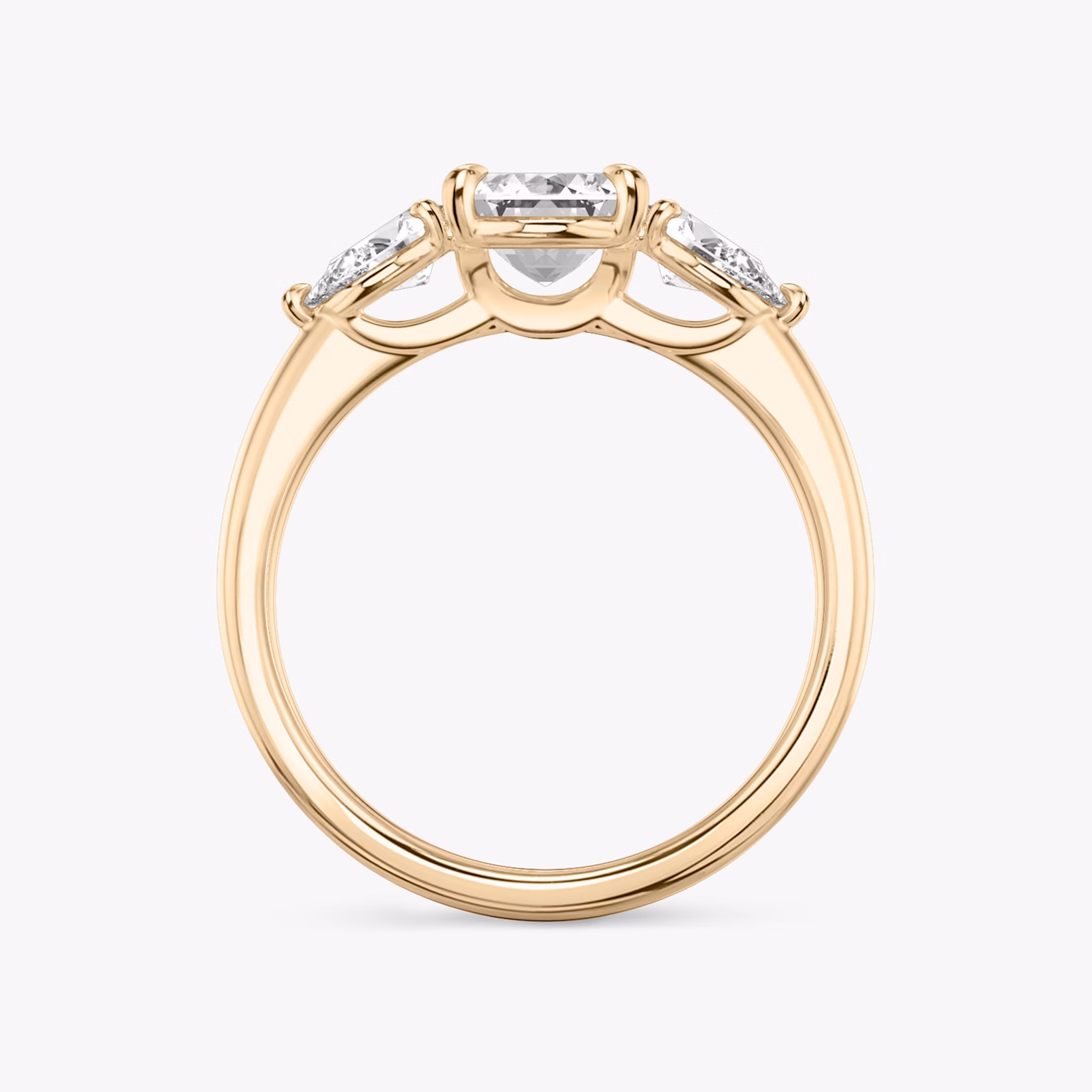 The Three Stone | Emerald | 14k | Rose Gold | bandAccent: Plain | sideStoneCarat: 0.25ct | sideStoneShape: Pear | diamondOrientation: vertical | caratWeight: other