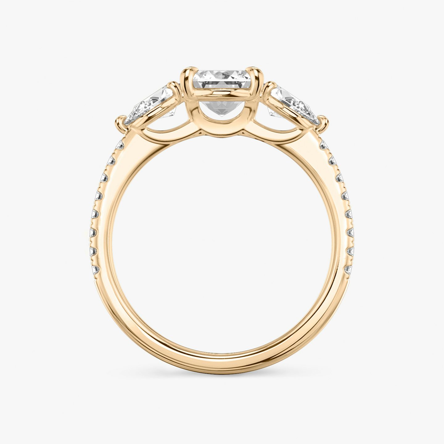 The Three Stone | Emerald | 14k | Rose Gold | bandAccent: Pavé | sideStoneCarat: 0.25ct | sideStoneShape: Pear | diamondOrientation: vertical | caratWeight: other